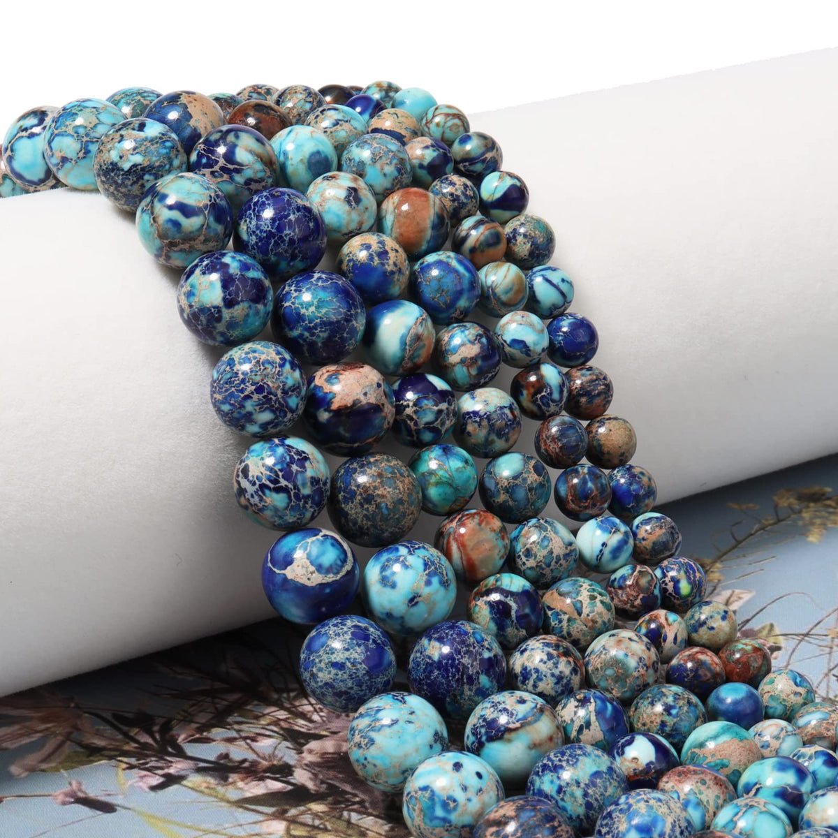 35pcs 10mm Natural Mixed Blue Imperial Jasper Gemstone Beads Energy Healing Crystal Round Loose Stone Beads for Jewelry Making, DIY Bracelets Necklaces