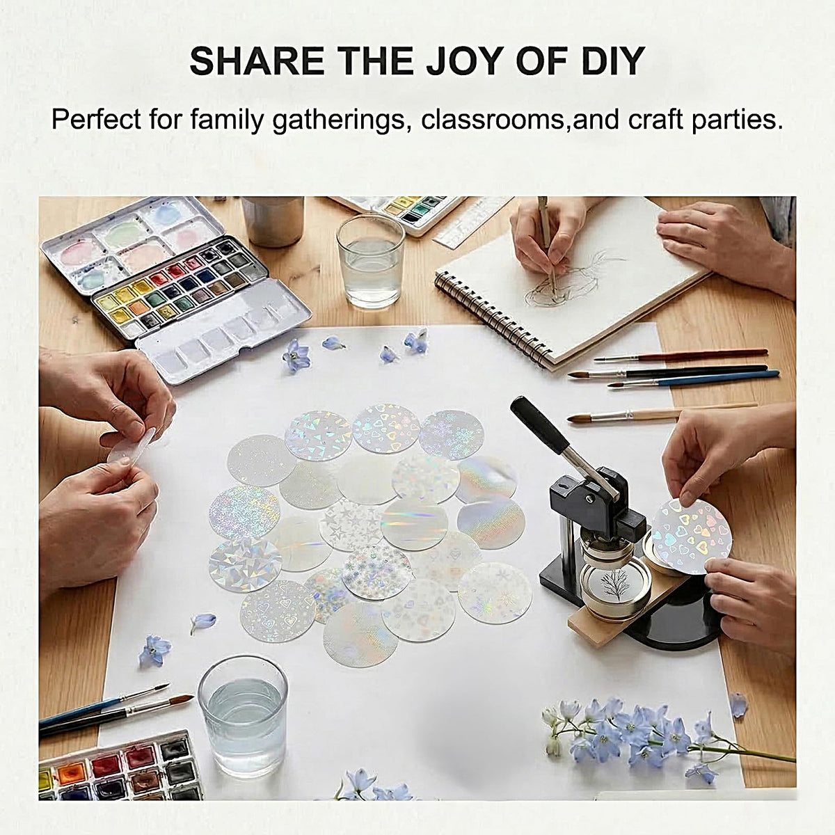 DAWZMR 390 Pcs Holographic Badge Film (13 Styles), Glitter Button Making Supplies for 2.25 Inch 58mm Machine, Round Badge Protective Film (Stars, Hearts, Broken Glass)