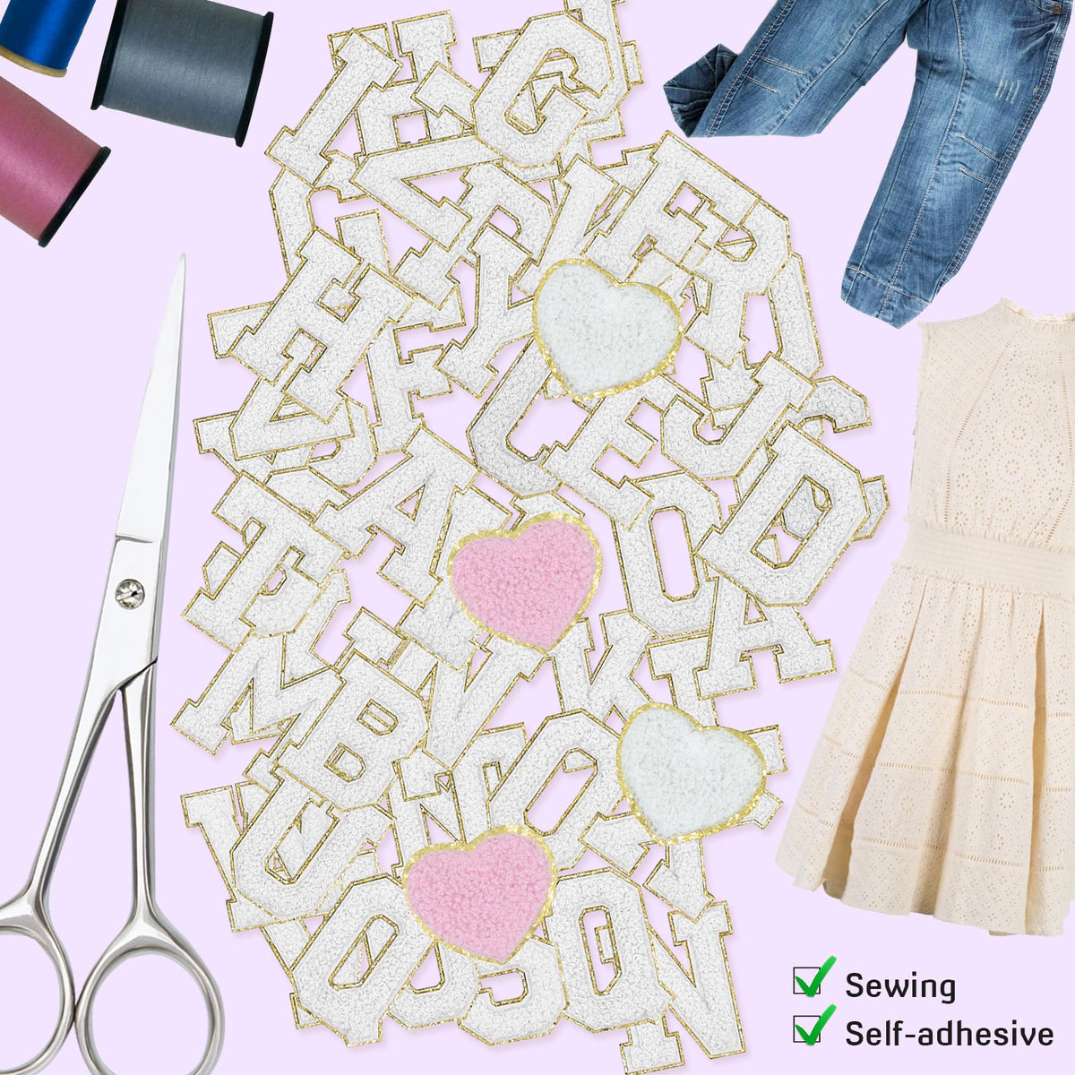 104 Pcs White Chenille Letter Patches & Extra 4 Heart Patches Self Adhesive Stickers Sew On Embroidered Applique Cute Varsity Glitter Stick On Alphabet for Clothing Hats Jeans Fabric