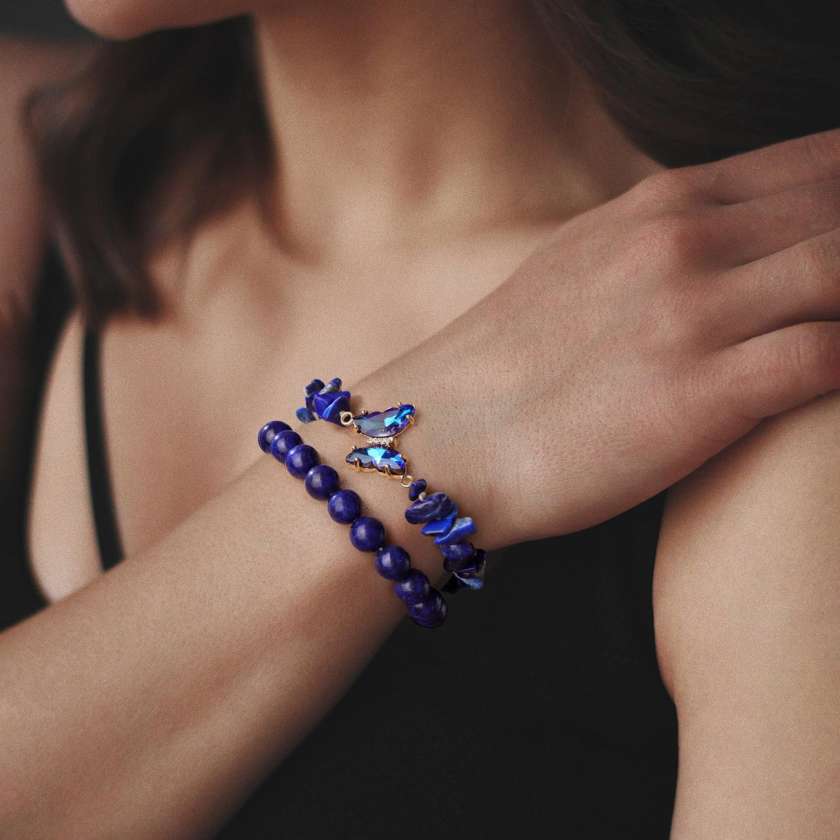 GolbalJew Lapis Lazuli Stone Bracelet for Women Healing Crystal Stone Bracelets Blue Gemstone Beads Stretch Bracelet Butterfly Charms Jewelry Women Gift