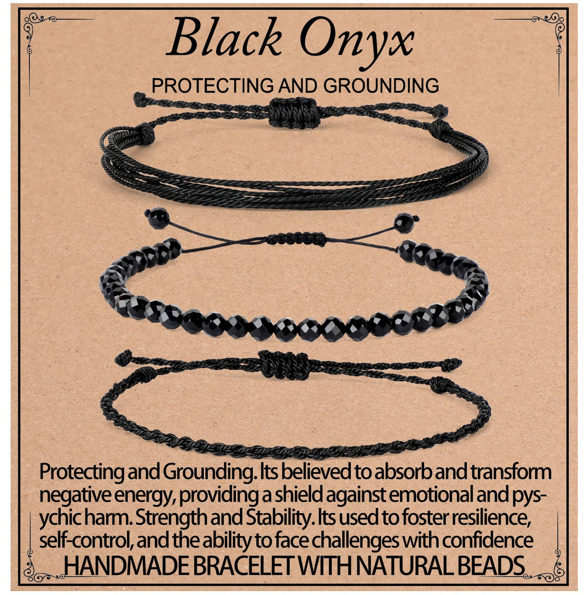 QOGIR Handmade Healing Bracelets,4mm Natural Faceted Black Onyx Gem Stone Beads Bracelet for Men Women Gifts with 2PCS Size Adjustable Rope Bracelets