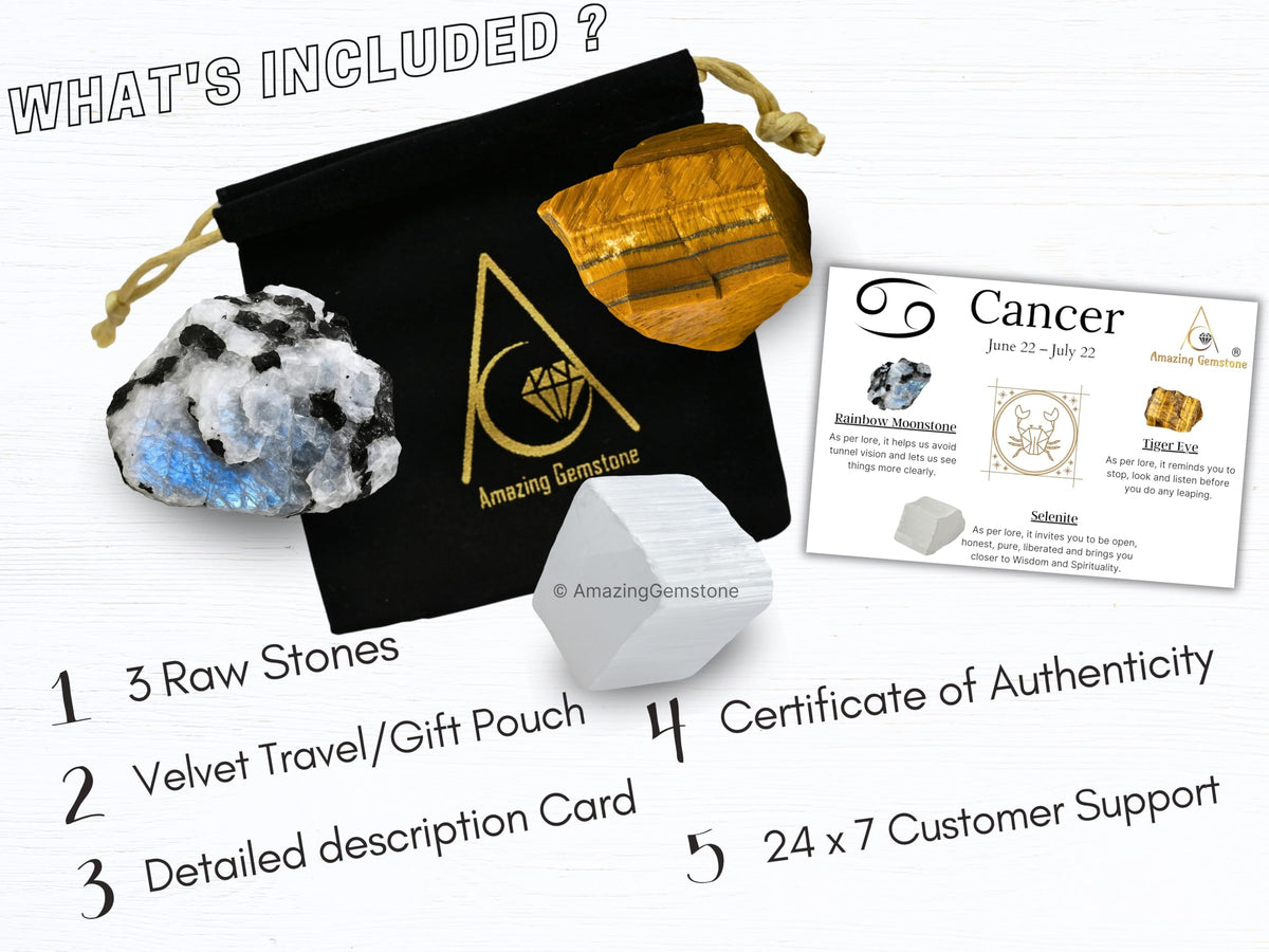 Amazing Gemstone Cancer Zodiac Healing Crystal Set, Pack of 3 Crystals Raw Stones Astrology Gifts for Women