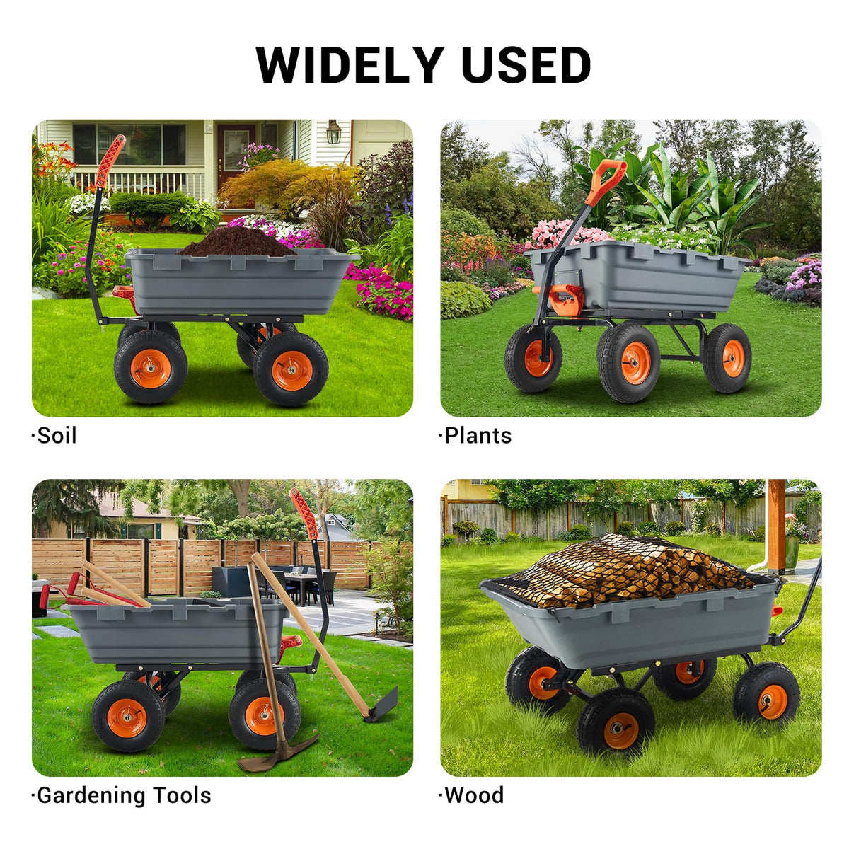 GarveeLife 800 LBS Poly Garden Dump Cart, Heavy-Duty Wheelbarrow with 10 in Tires, 180° Rotating Handle, Steel Frame and Quick Release System Garden Dump Cart for Soil Plants Gardening Tools Wood