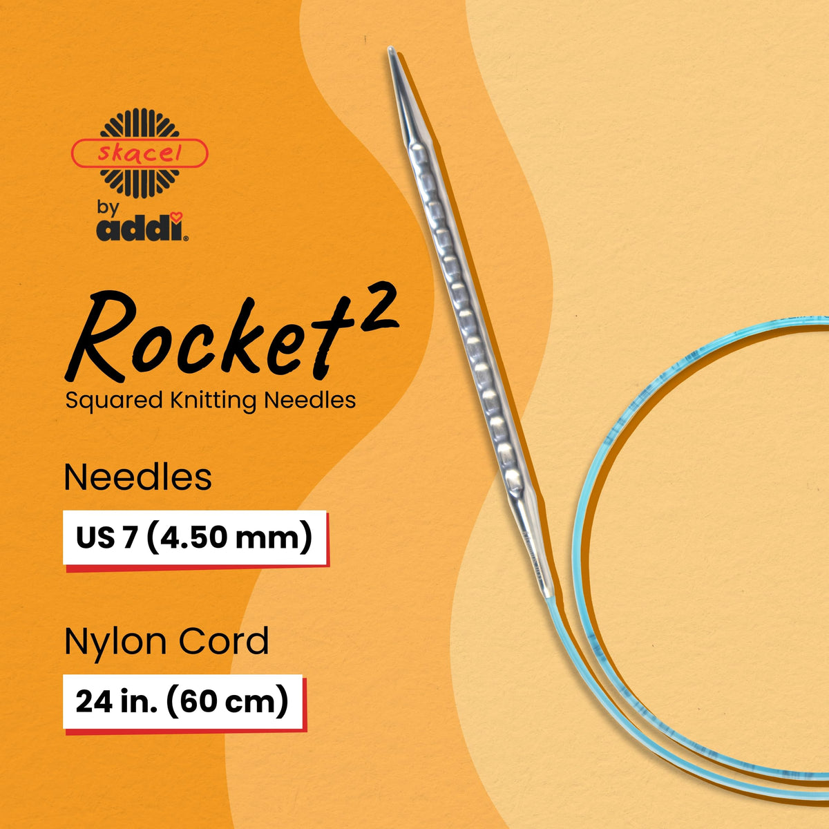 skacel by addi Rocket 2 (Squared) Circular Knitting Needles, Fixed 24 Inch (60 cm) Plated Brass Tips with Flexible Nylon Cord, 4.5 mm (US Size 7)