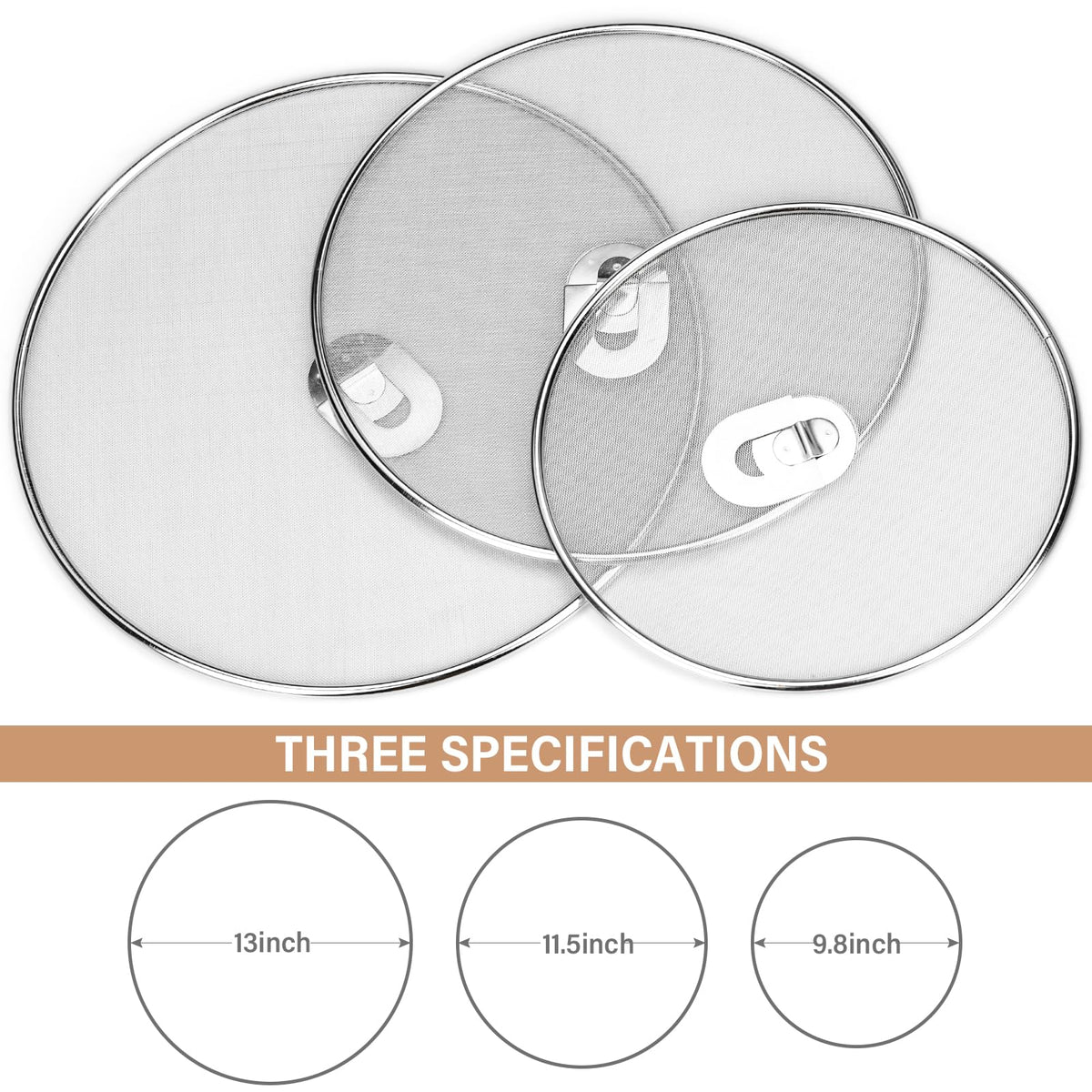 3 Pack Splatter Screen for Frying Pan 13" 11.5" 9.8" Stainless Steel Grease Splatter Guard Ultra Fine Mesh Lids with Fold Flat Knob Set for Prevent Oil Splatter