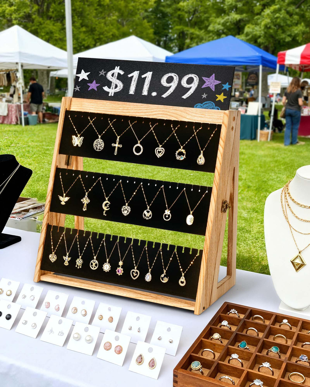 Bulado Necklace Display for Vendors, Foldable Necklace Holder with 66 Slots, 3 Tier Jewelry Display for Selling, Wood Jewelry Storage Organizer Stand with Black Velvet for Craft Show