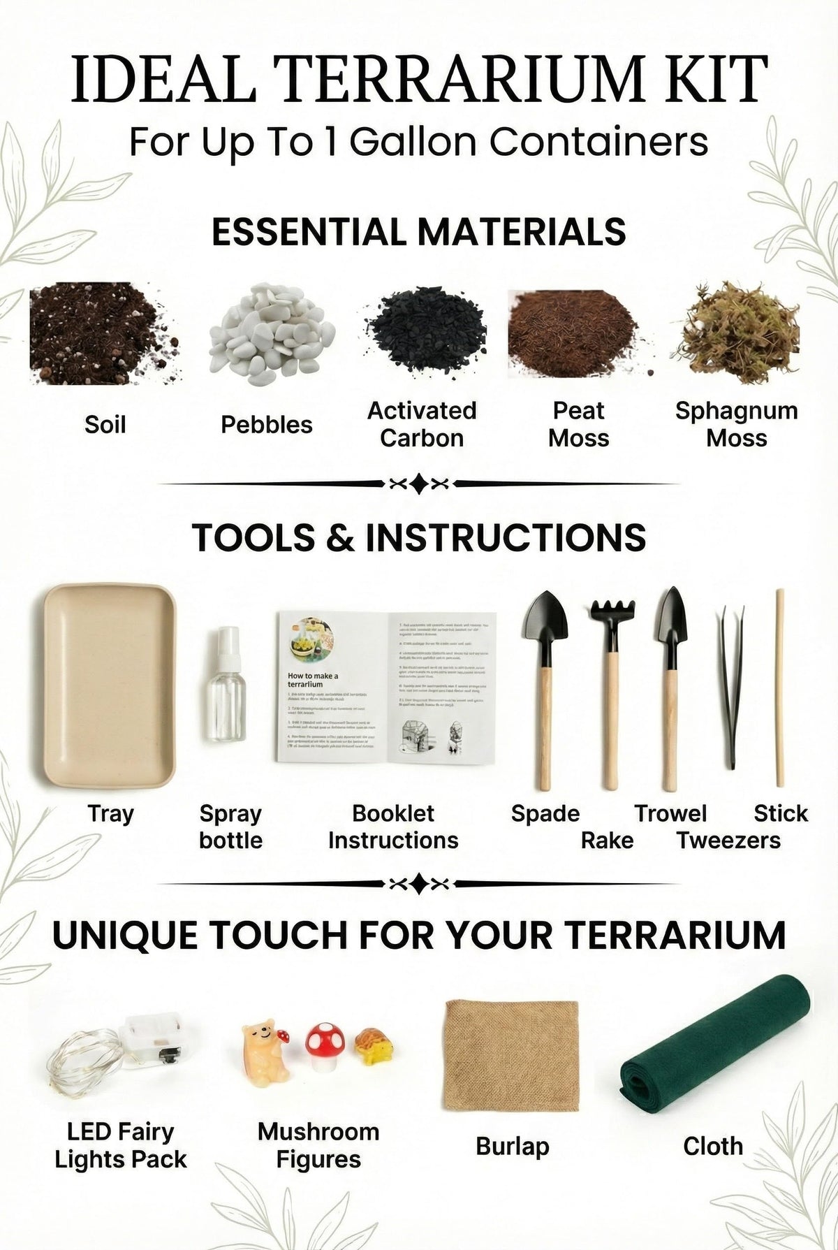 DIY Terrarium Kit with 13 Items Soil Pebbles Sphagnum Moss Activated Carbon Burlap Peat Moss Terrarium Tools Indoor Garden Make Your Own Terrarium