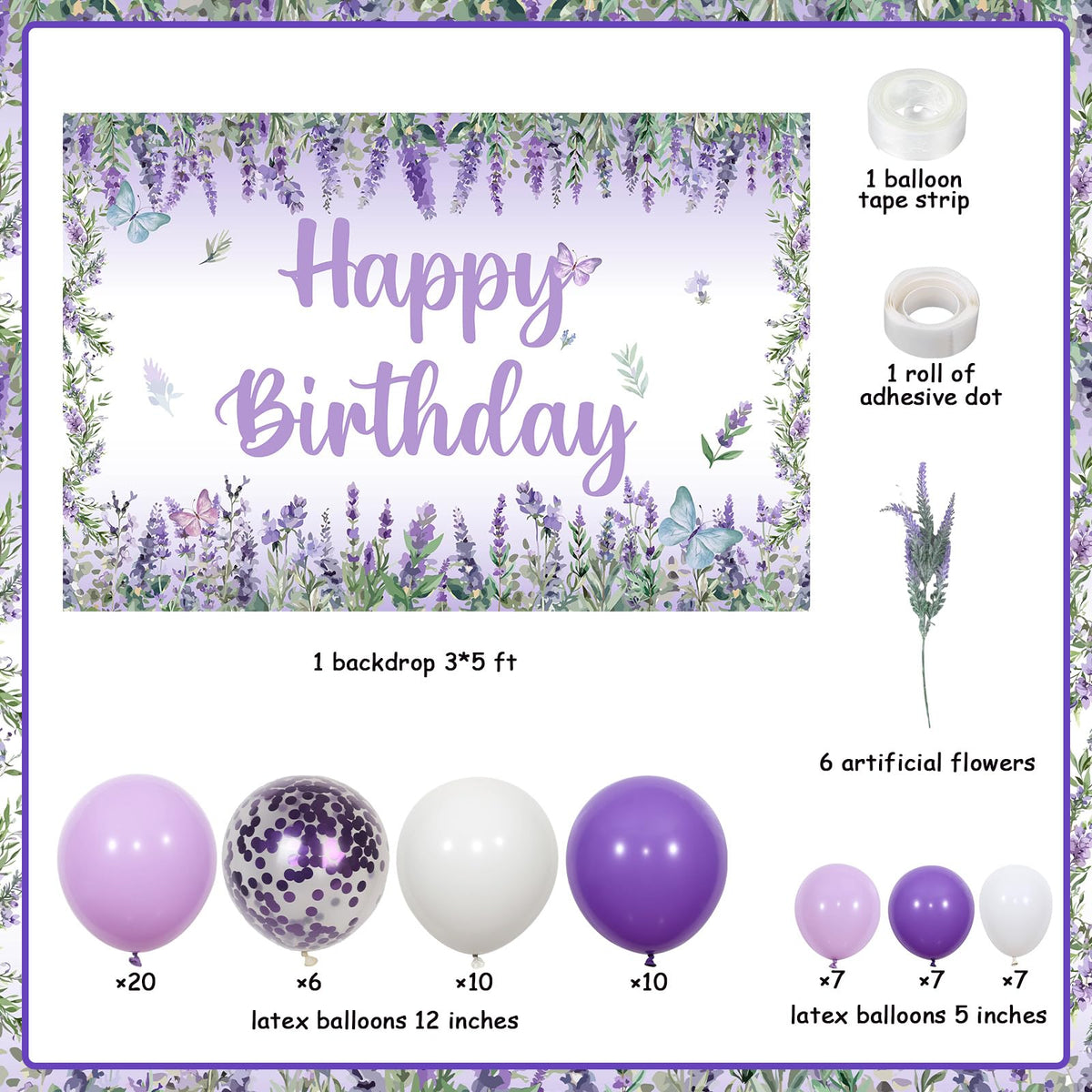 JOYMEMO Lavender Birthday Balloons Arch Kit, Purple Lavender Floral Butterfly Happy Birthday Backdrop Banner Artificial Flowers Decorations for Girls Women Bday Party Decor Supplies