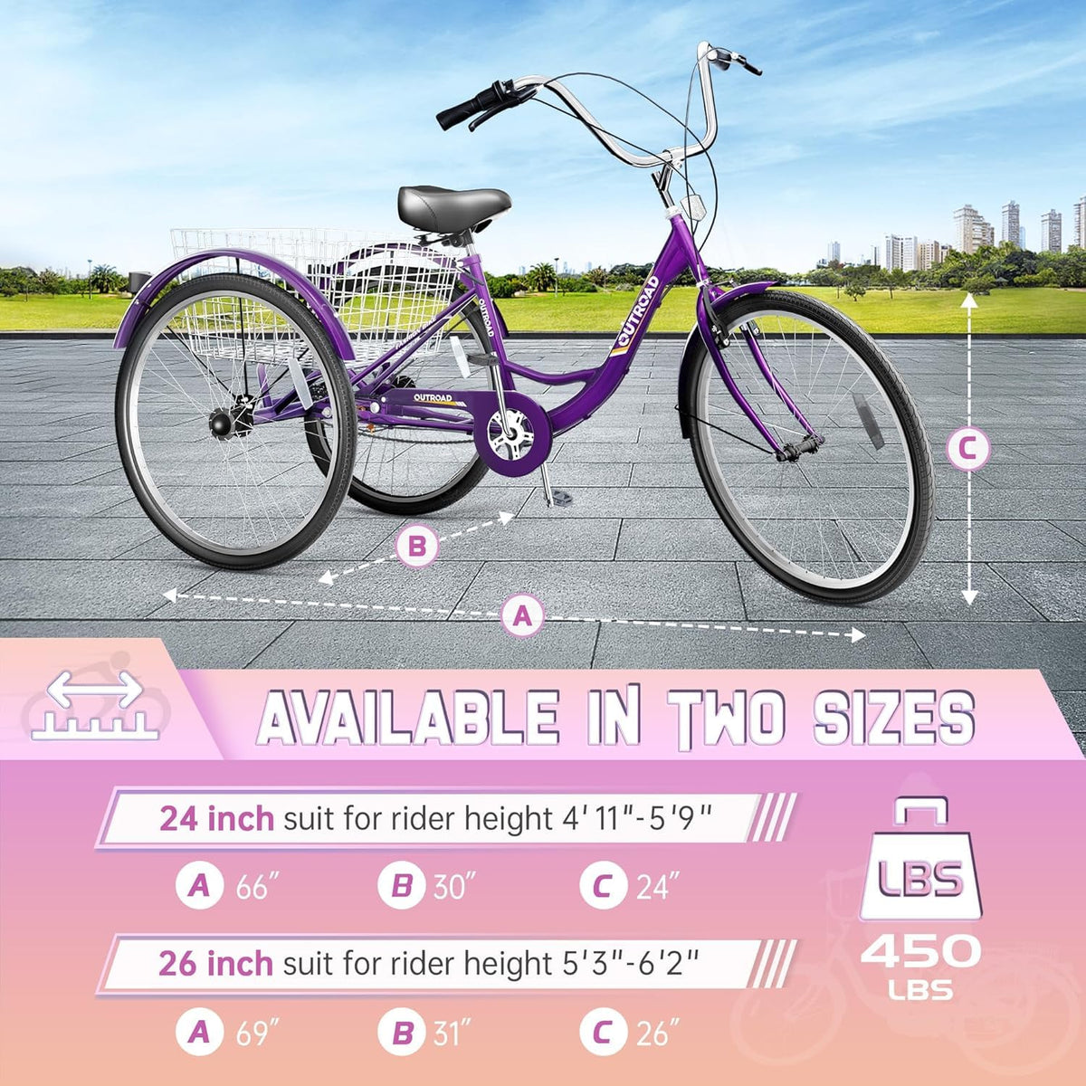 Brightpeak 1 Speed Adult Tricycle, 26 inch Cruiser Trike with Large Basket for Women Men Seniors, 3 Wheel Bike for Outdoor, Shopping, Recreation, Picnic (Purple)