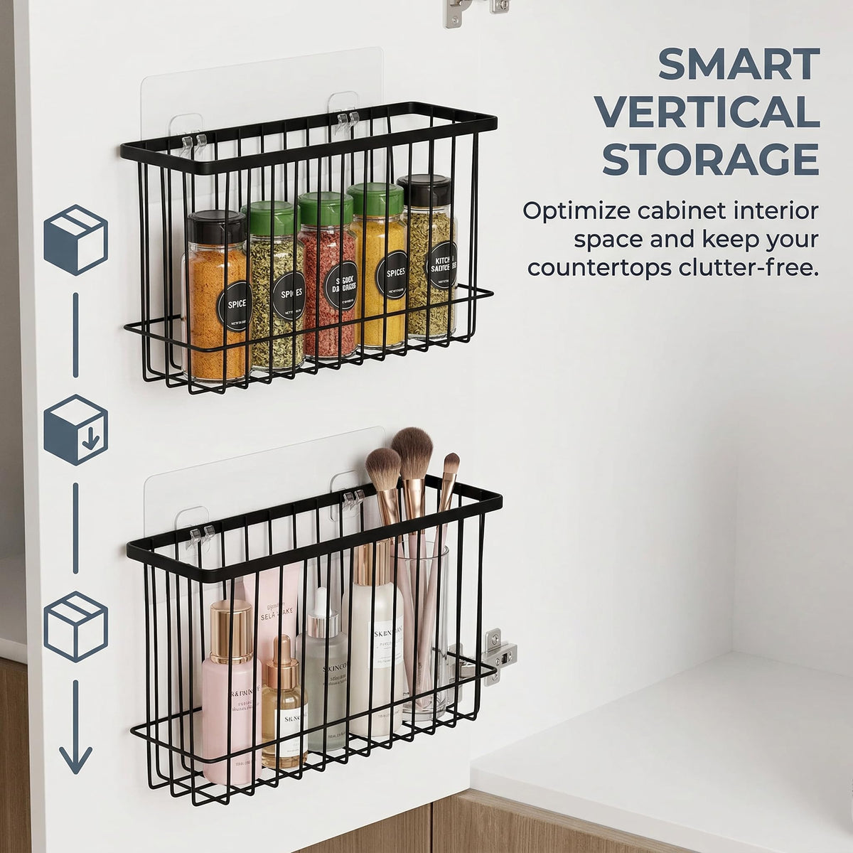 SXSWNSDLX 2 Pack Adhesive Cabinet Door Organizer, No Drilling Required, Hanging Storage Basket Organizer Wall Mounted Pantry, for Kitchen, Fridge, Bathroom (Black)