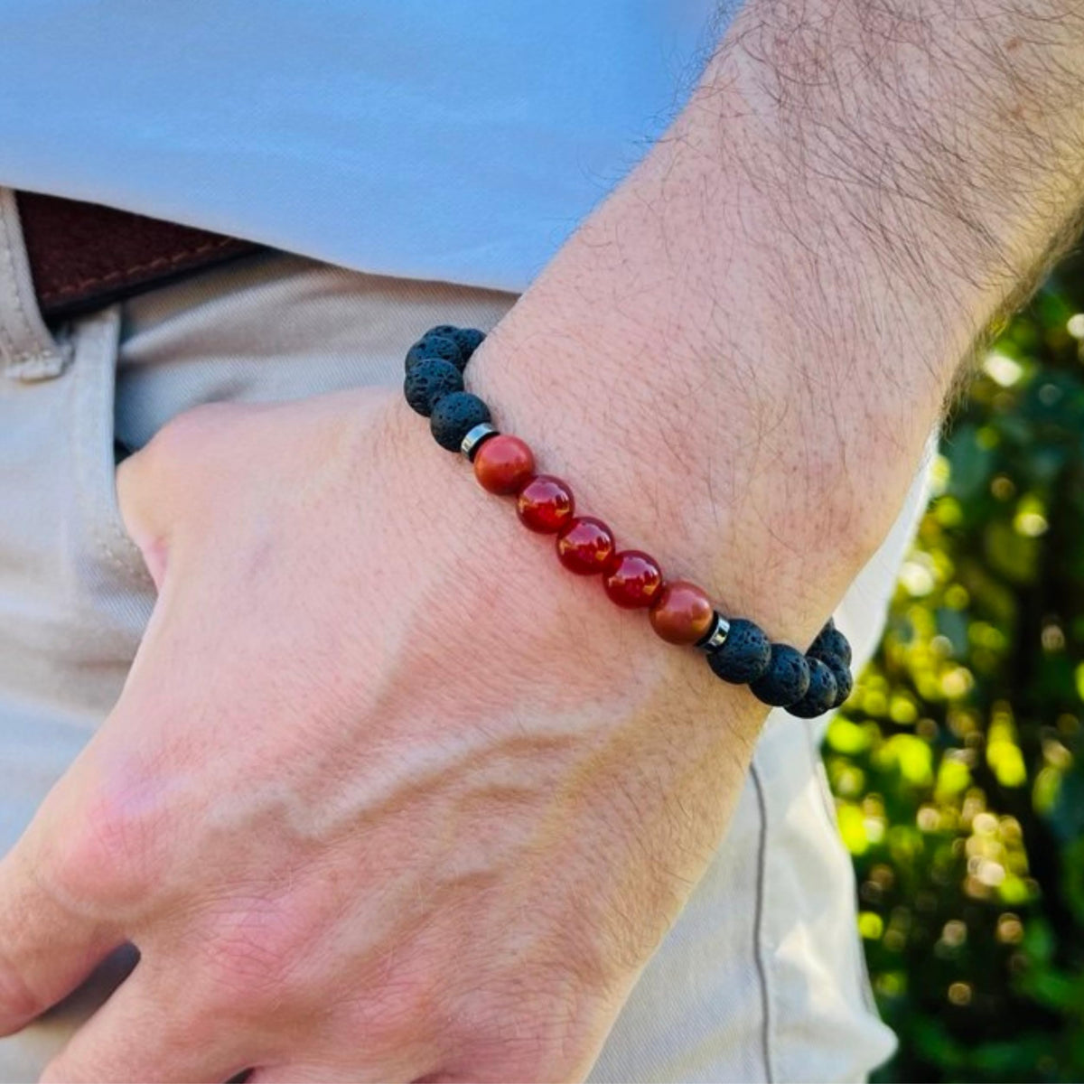 TEJO Natural Stone Beaded Bracelet – Handmade Energy Healing Bracelet for Men & Women, Yoga Chakra Jewelry Gift (Black & Red Natural Stone Bracelet – for Men, 7 inches)