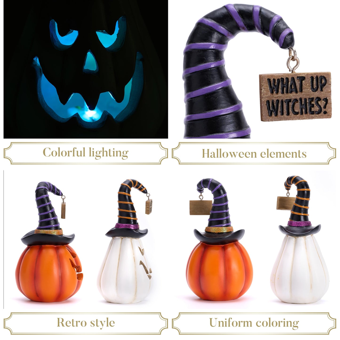 Valery Madelyn Pumpkin Halloween Decorations Indoor for Home, 2Pcs Resin Halloween Figurines with Light, White and Orange Jack o Lantern Decor with Witch Hat for Table Tiered Tray, 5.7" Tall