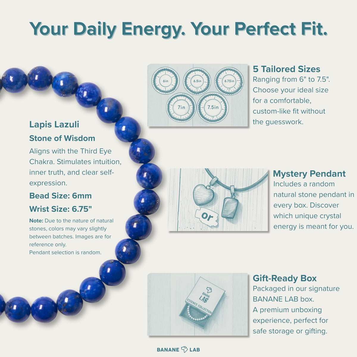 BANANE LAB Lapis Lazuli Beaded Bracelet with Mystery Polished Crystal Pendant - 6mm Real Natural Gemstone Beads for Women Men - Wisdom Truth Intuition Gift for Her him - Fits 6.75" Wrist