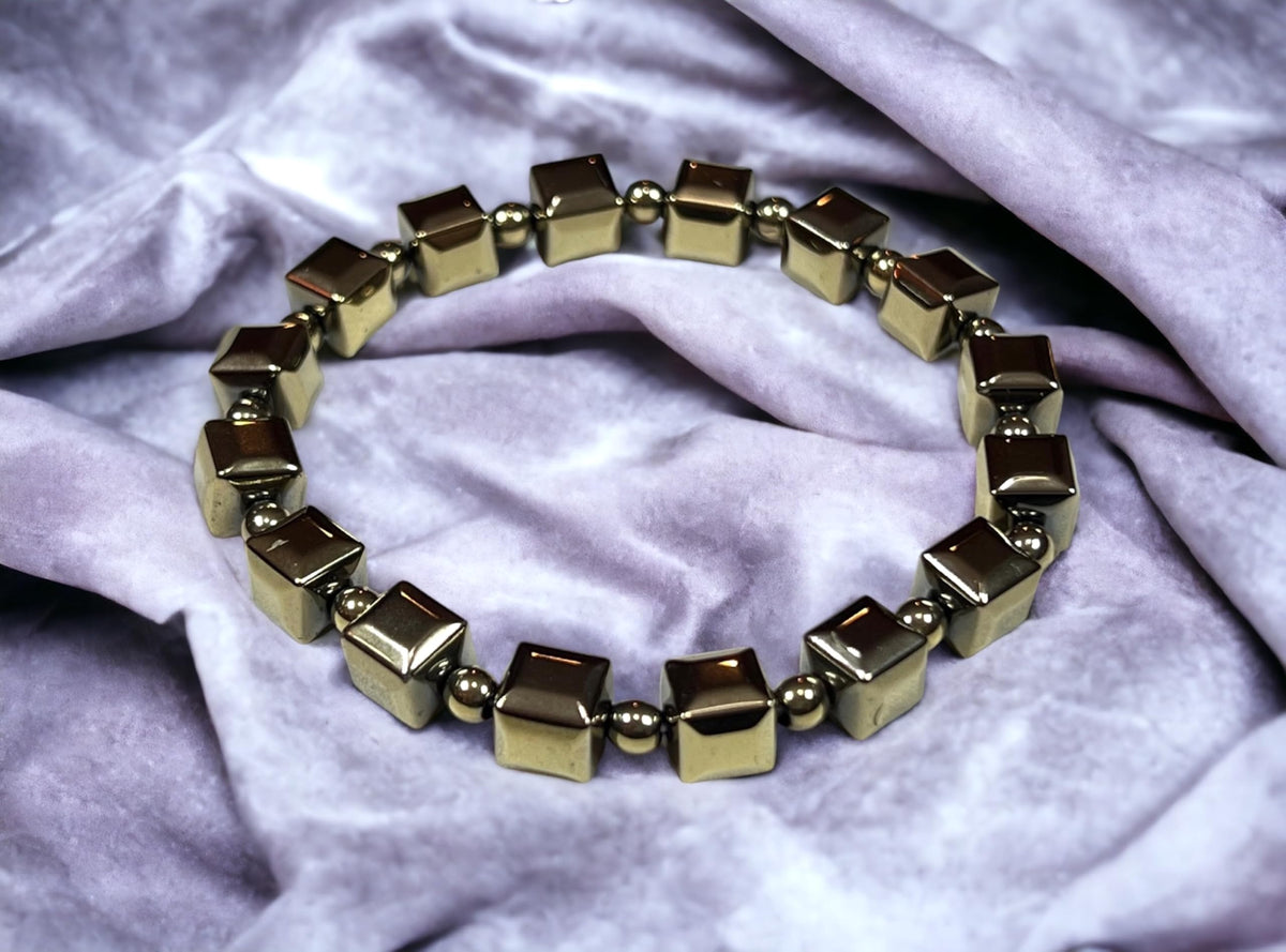AWAKEN YOUR KUNDALINI Handmade Pyrite Stretch Bracelet – 8mm Cube and Round Beads – Leo Birthstone – Solar Plexus Chakra – Approx. 7 Inch Wrist Size