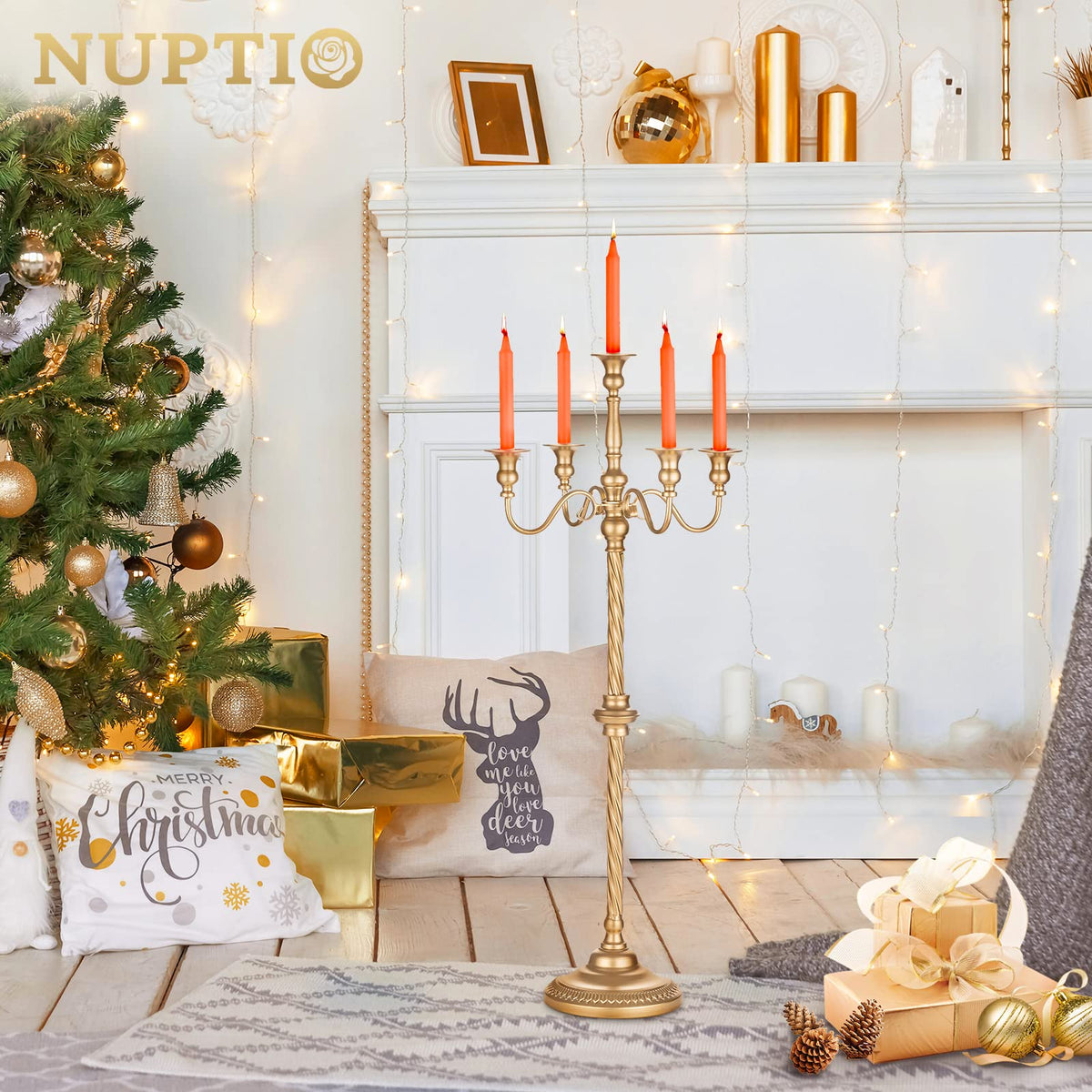 Nuptio Tall Gold Candelabras 34 Inch Candle Stick Holders Set of 2 Floor Candle Stand Taper Candle Holders for Classic Wedding Mantal Christmas Halloween Easter Home Table Centerpiece Decoration