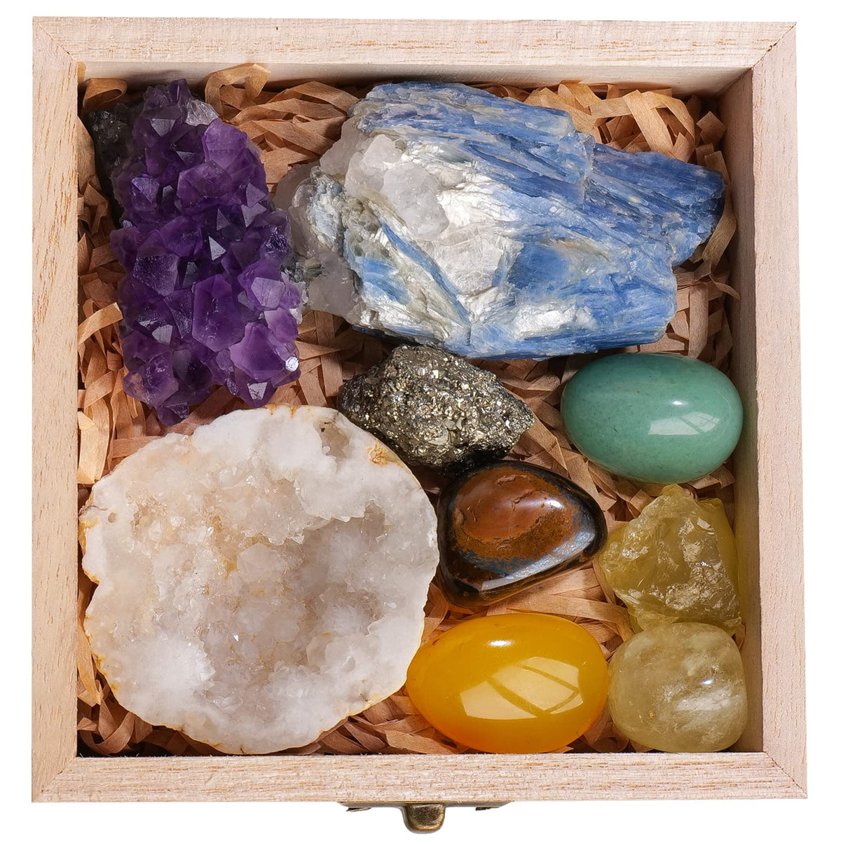 Runyangshi 9PCS Healing Crystals Set with Wooden Box -Amethyst Cluster/Clear Quartz Geode/Pyrite/Citrine/Aventurine/Yellow Agate/Tiger Eye Tumbled Stone for Prosperity & Wealth Meditation Energy Gift