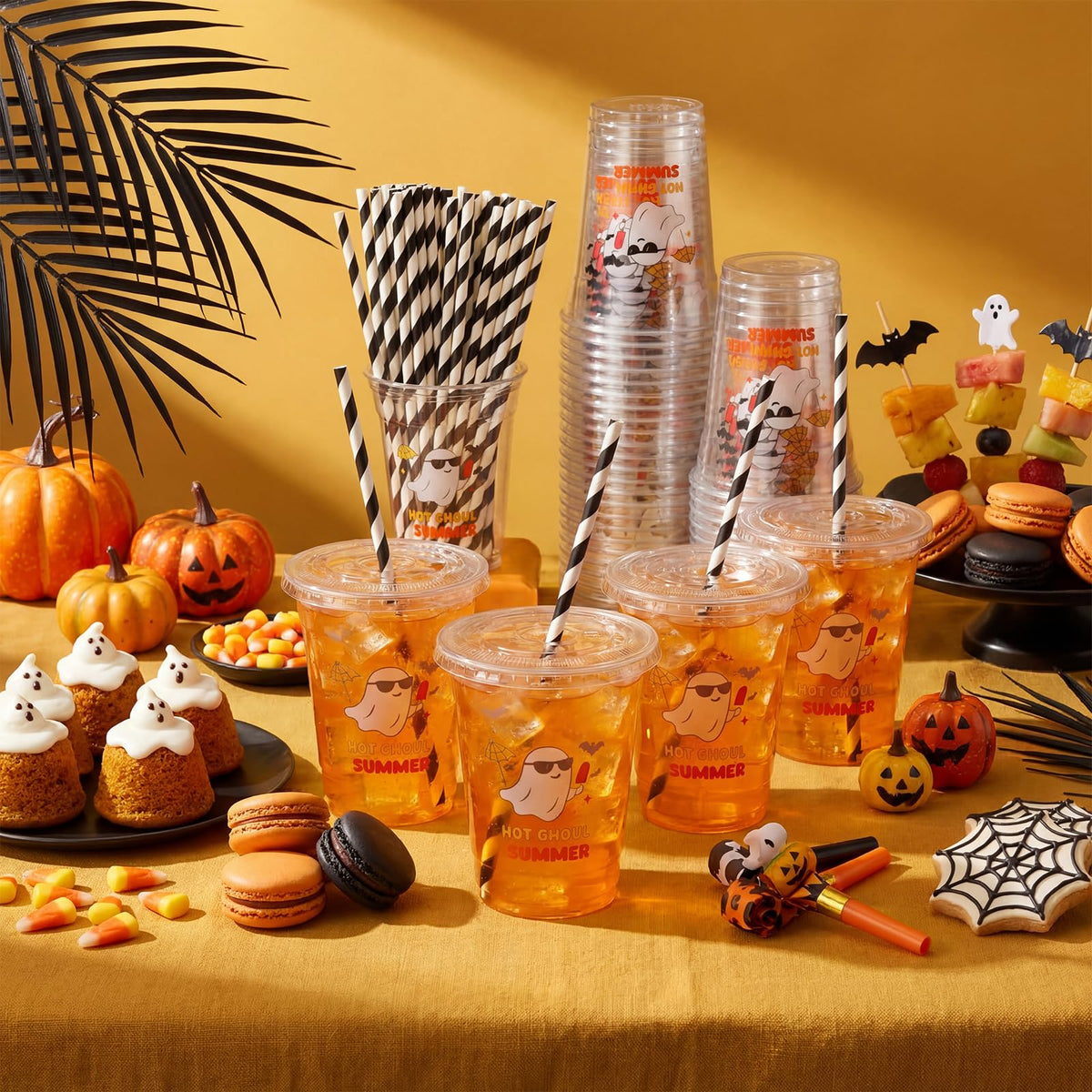 Vesici 60 Pcs Summer Party Disposable Plastic Cups with Straws 12oz Cute Ghost Clear Party Cups with Lids Hot Summer Ghoul Halloween Drinking Glasses Supplies for Birthday BBQ Bachelorette Pool