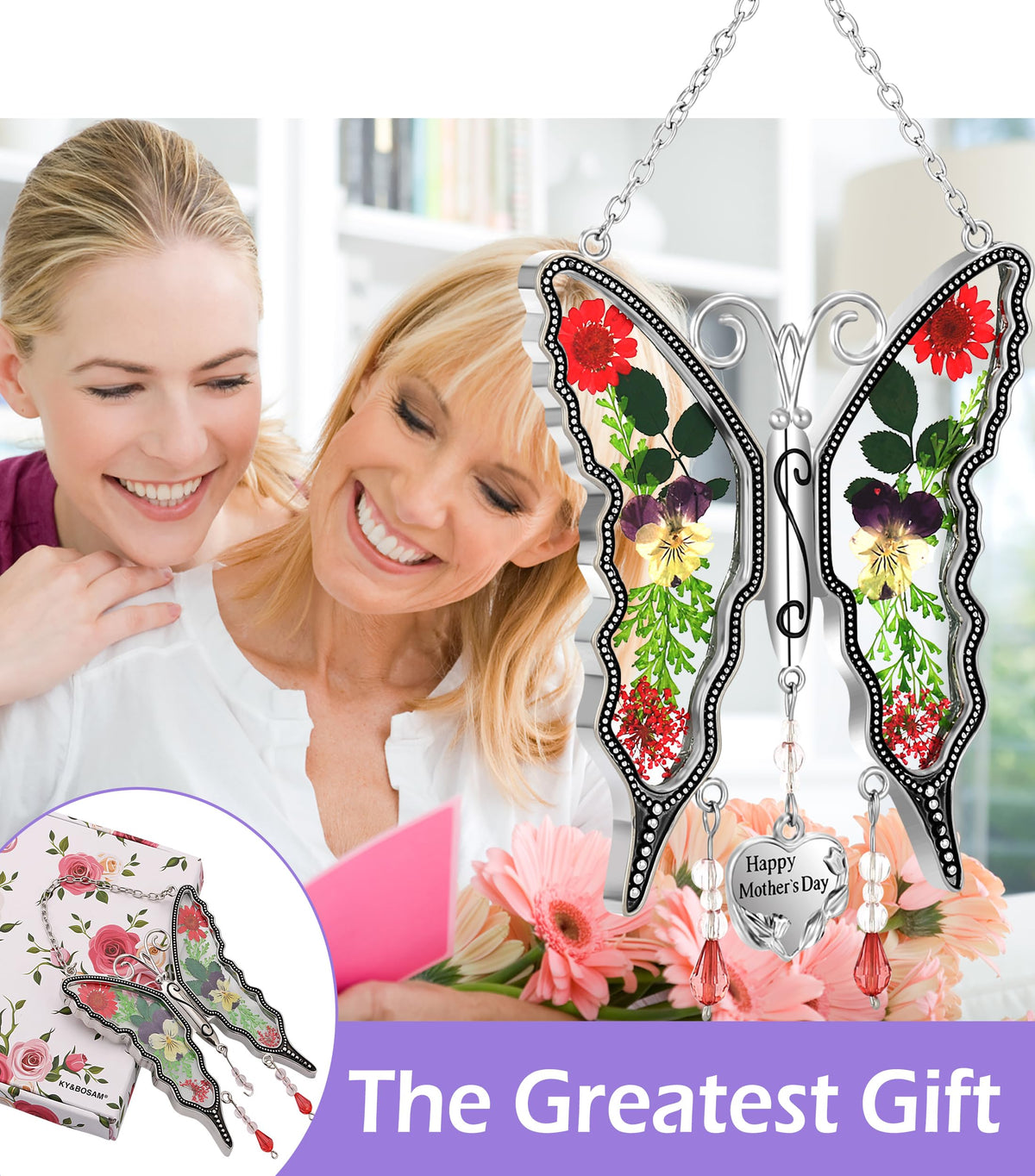 KY&BOSAM Gifts for Women Happy Mother`s Day Butterfly Suncatcher Stained Glass Suncatcher for Window Hanging Home Decor Wind Chime with Pressed Real Flower Garden Decor Gifts for Mom Mothers Day