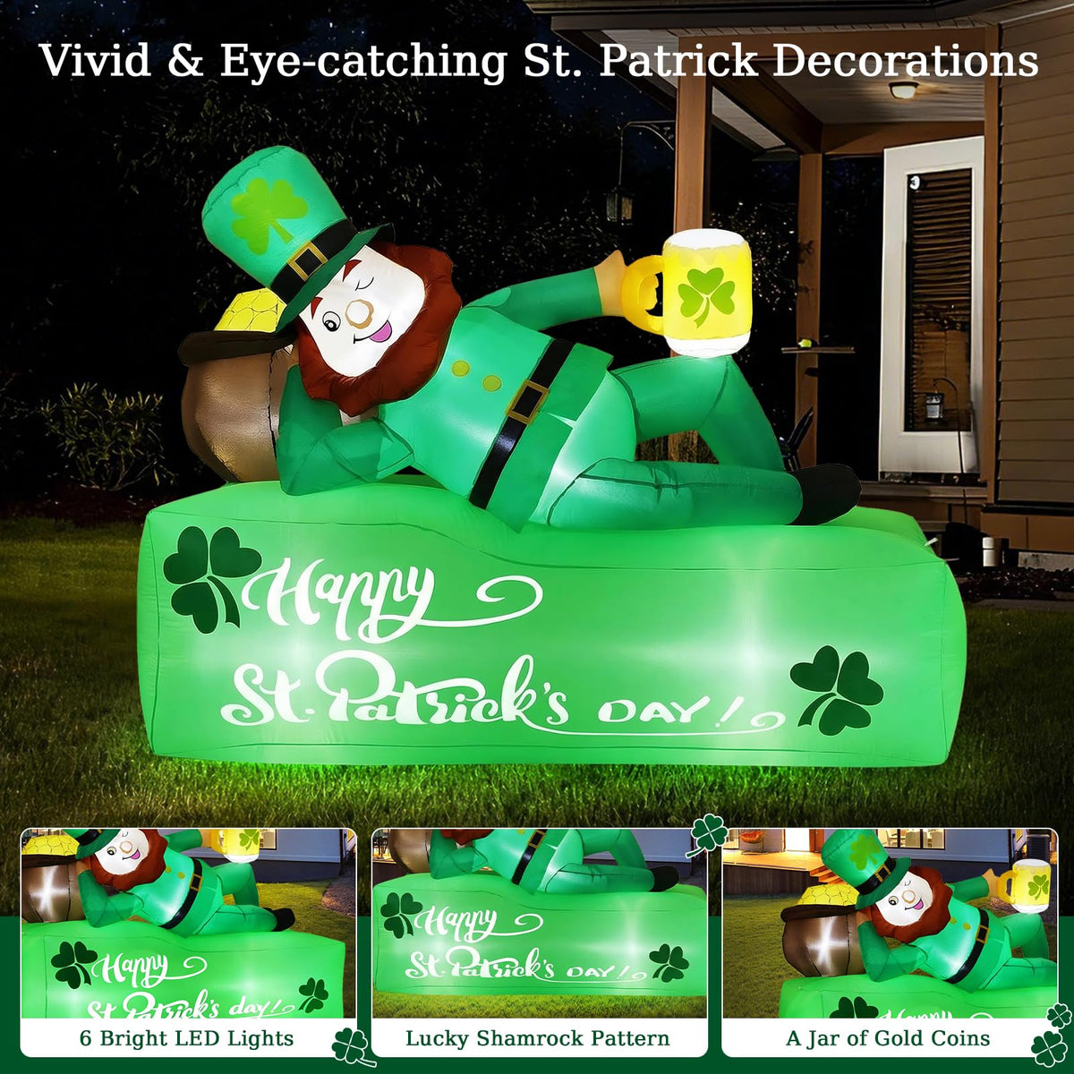 Lewondr 5.9FT St Patricks Day Inflatable Outdoor Decorations, Inflatable Leprechaun Lay on The Bed with Shamrocks, Blow up Yard Decoration with 6 Build-in Lights for Holiday Party Yard Lawn Garden