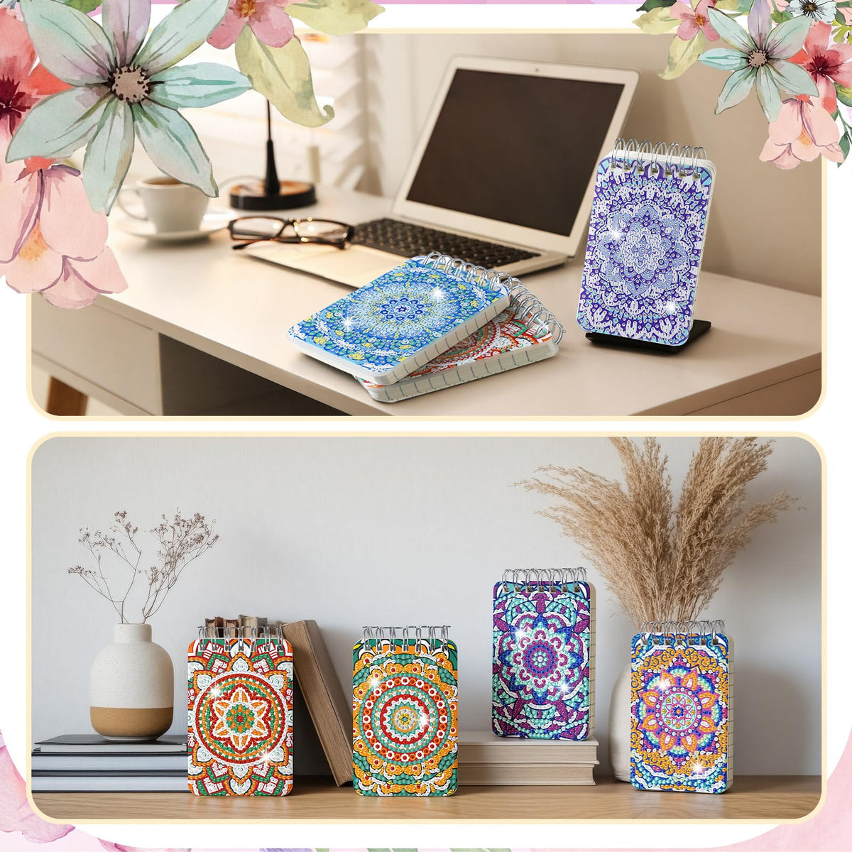Frienda 12 Pcs Mandala Diamond Painting Notebook Kits for Adults DIY Mandala Diamond Art Journal Notebooks 5d Flower Gem Dots Cover Notepad Gift Set Journal Art Crafts Accessories with Tools