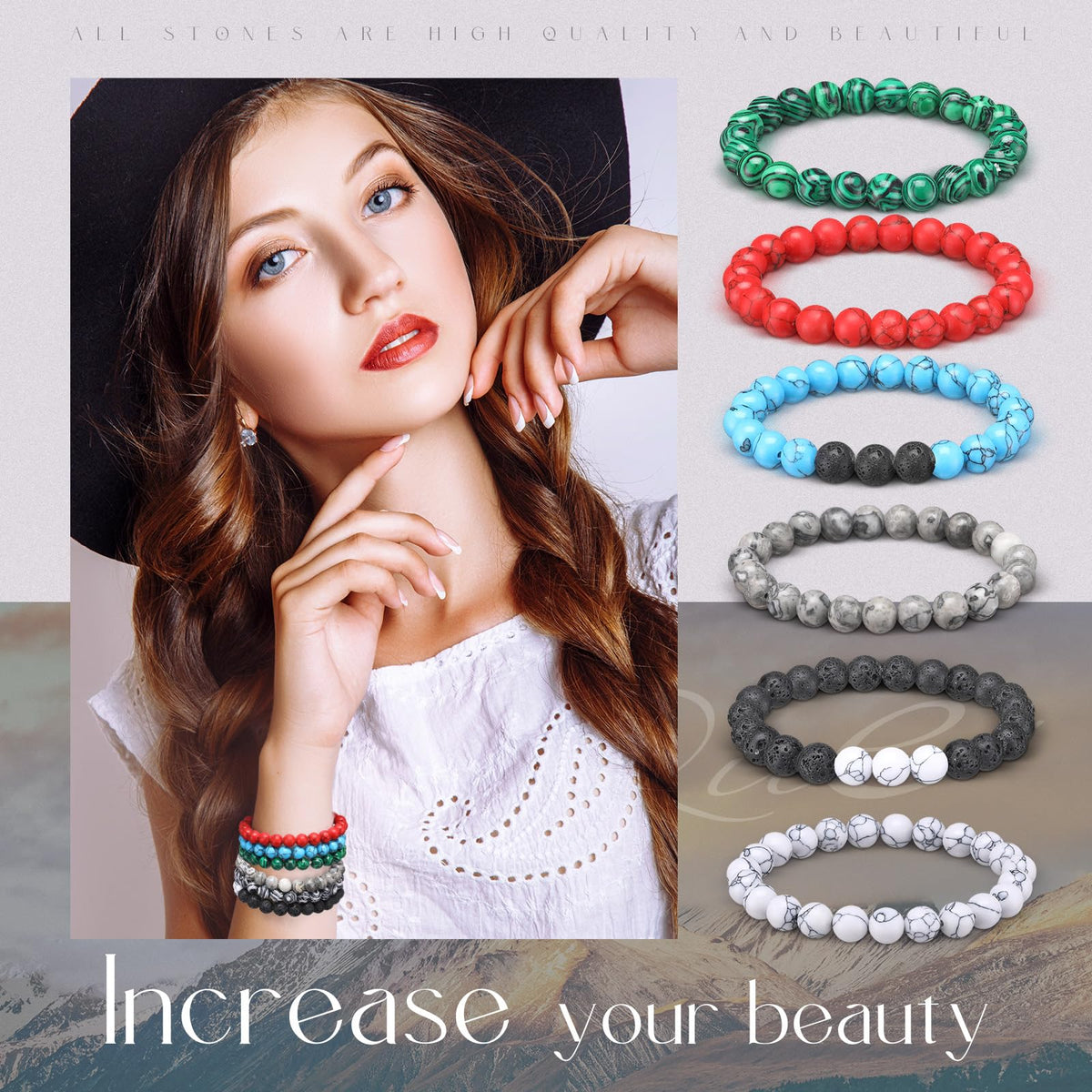 Landical 24 Pcs 8mm Gemstones Beaded Bracelets for Men Women Stretch Round Bead Bracelets Set Healing Crystal Stone Bracelets Semi Precious Bracelets (Classic)