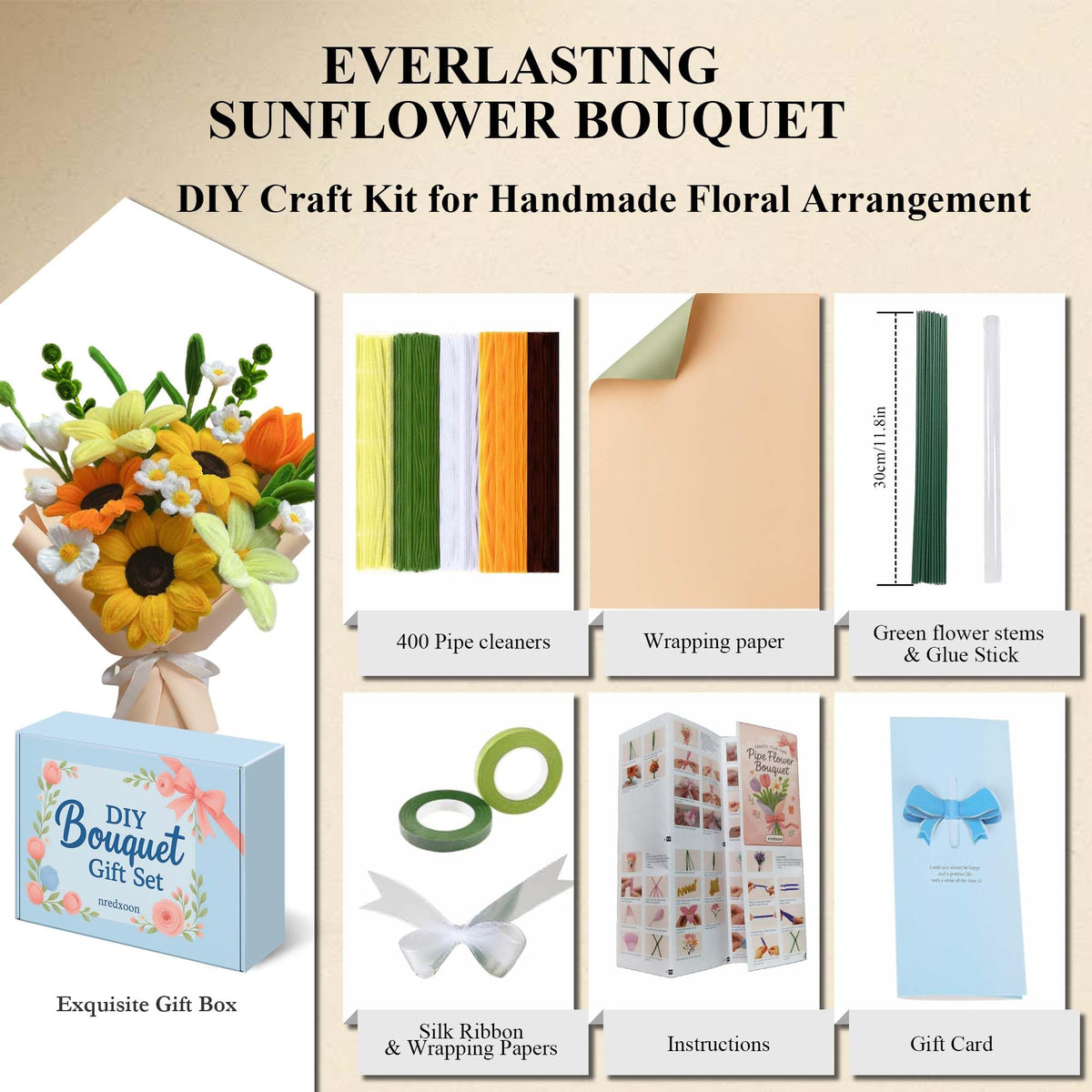 Pipe Cleaner Flower Kit - 400PCS DIY Yellow Sunflower Bouquet Crafts - 8mm Fluffier Chenille Stems with Video - Sunshine Gift for Bestie, Friends - Encouragement Graduation Gifts for Teens 12-16