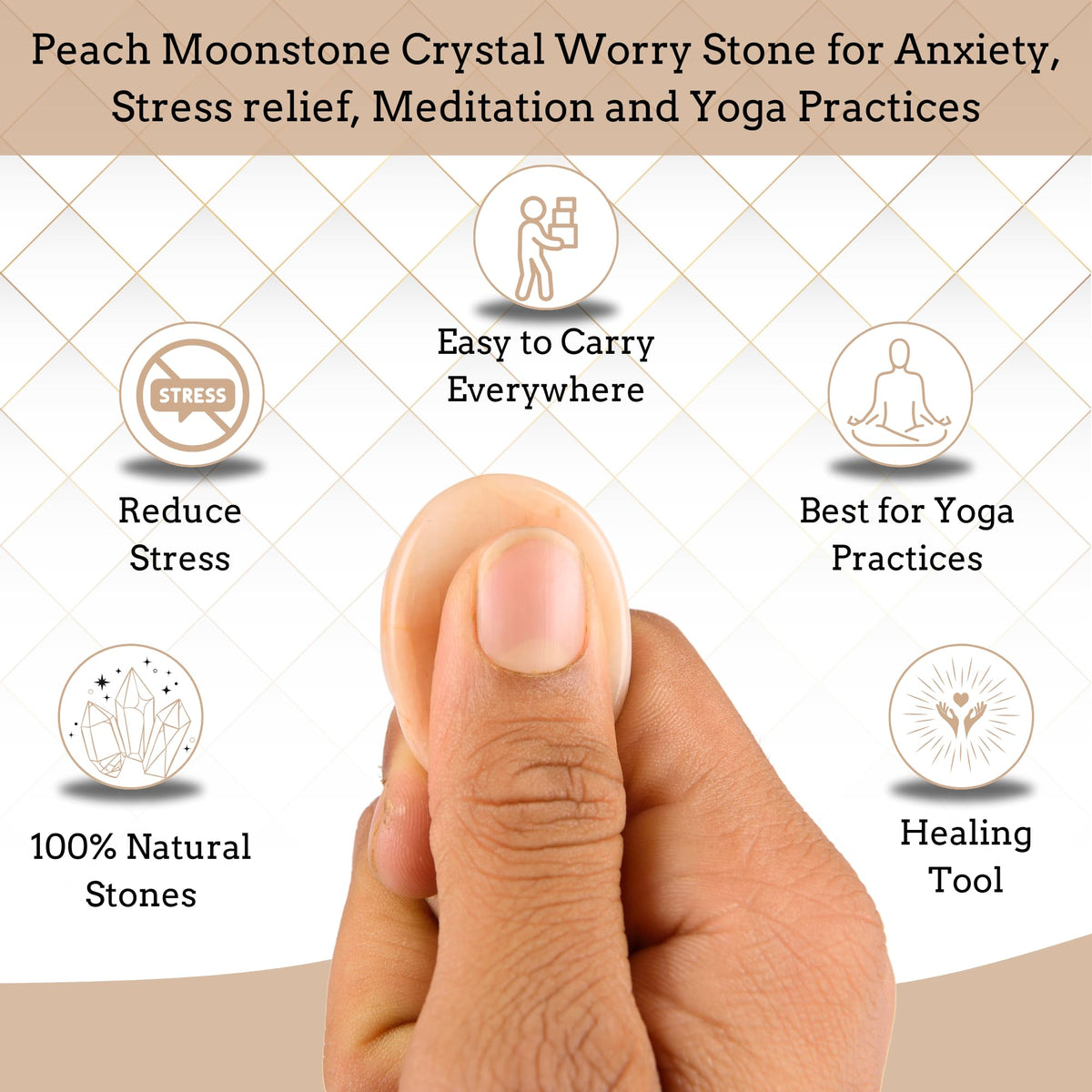 Anaya Agate Peach Moonstone Worry Stones Certified Crystal Thumb Worry Stone for Anguish, Relaxing and Soothing Balance Stones for Meditation, Stress Relief Crystals and Healing Stones for Men Women