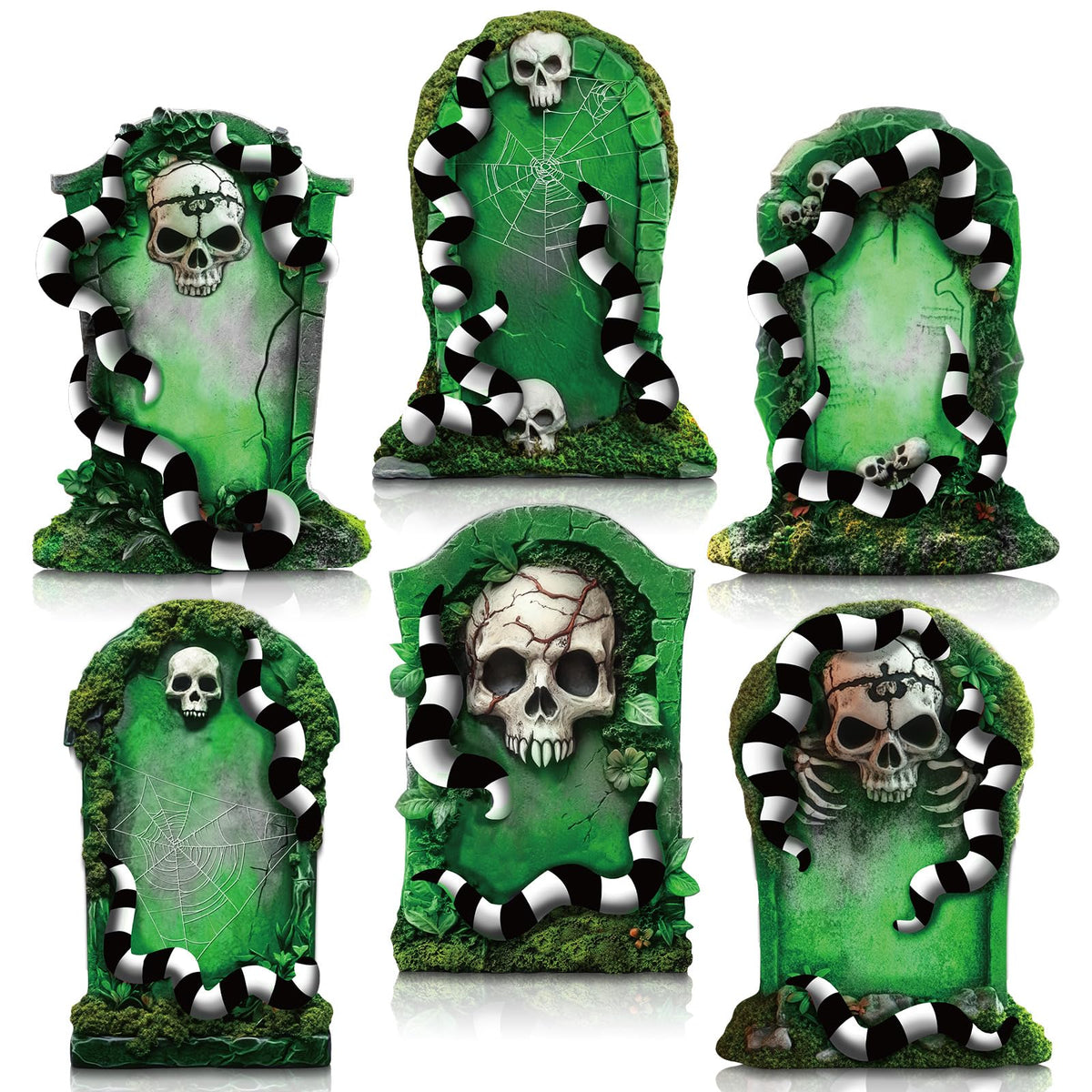 DoubleFill 6 Pcs Halloween Tombstone Worm Yard Sign Halloween Decorations Outdoor Green and Black White Worm Gravestone with Stakes Waterproof Graveyard Lawn Yard Sign for Haunted Garden Decor