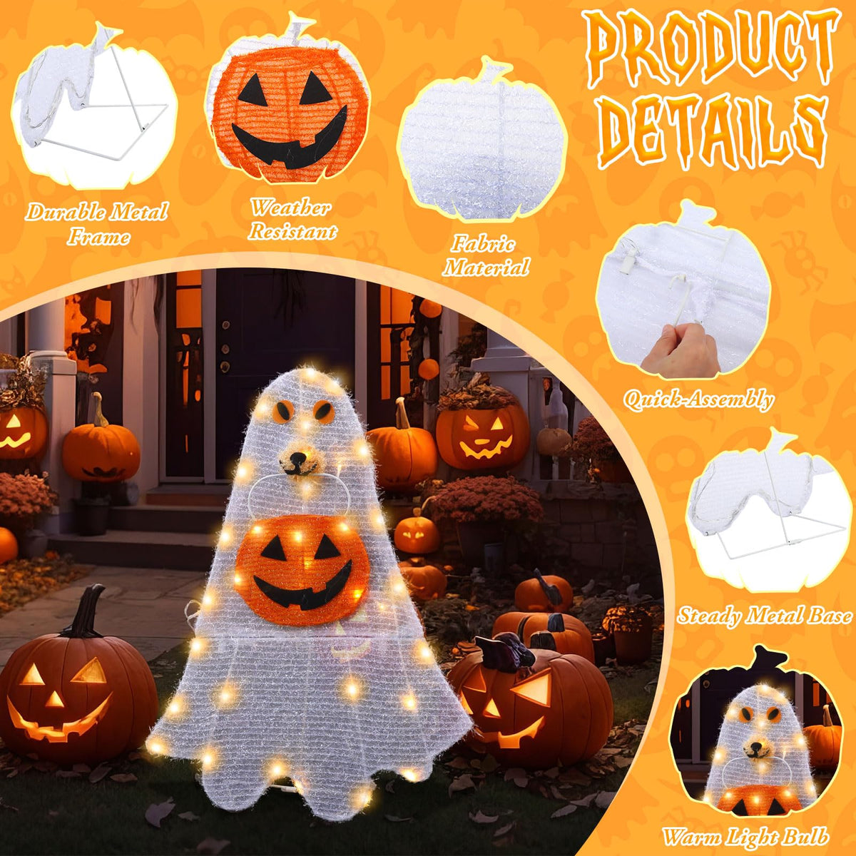 Retisee Lighted Halloween Ghost Dog Puppy with Pumpkin Outdoor Decoration Pre-lit 2D Tinsel Spooky Ghost Dog Halloween Lighted-up Party Courtyard Porch Garden Lawn Display Decor, Not Include Battery
