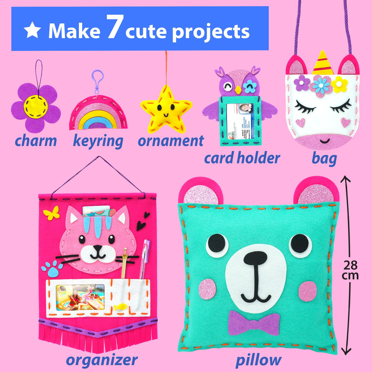 KRAFUN My First Sewing Kit for Beginner Kids Arts & Crafts, 7 Easy DIY Projects of Stuffed Animal Dolls and Plush Pillow Craft, Instructions & Felt, Gift for Girls, Boys, Learn to Sew, Embroidery