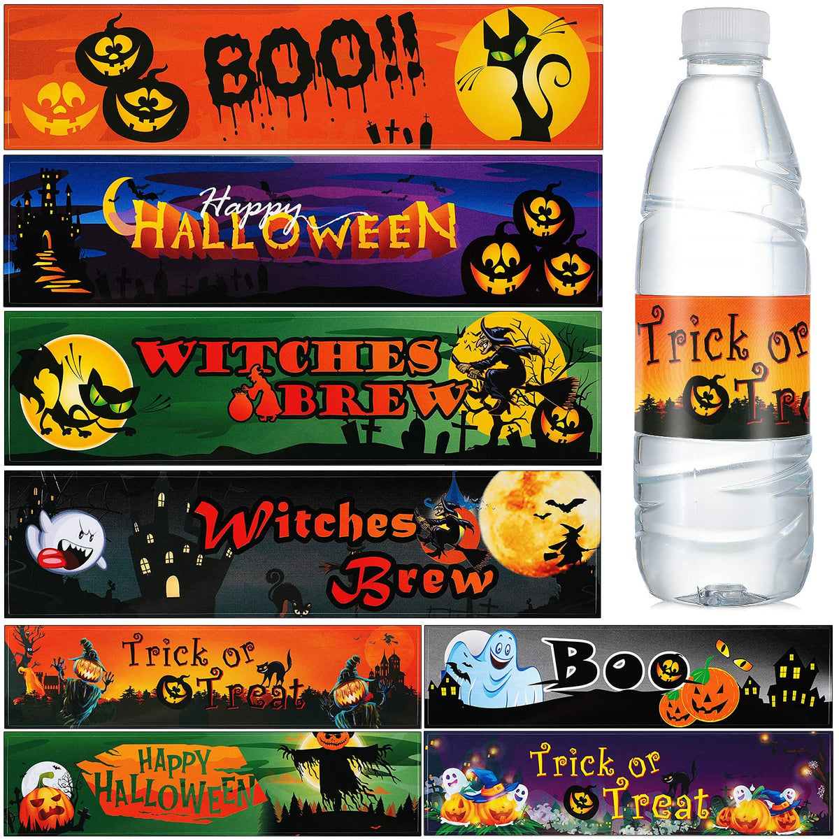 Marspark 80 Pieces Halloween Water Bottle Labels Ghost Witches Pumpkin Wrap Stickers Bottle Wrappers Halloween Party Supplies Decor Waterproof Colorful Party Water Bottle Label Sticker, 8.5 x 2 Inches
