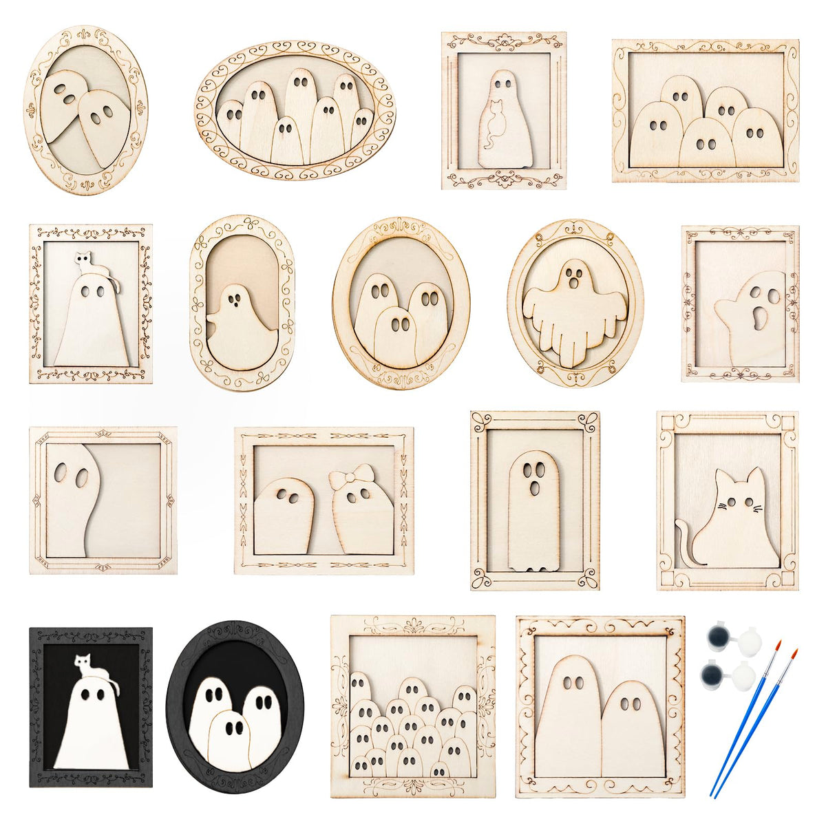 JarThenaAMCS 15 Set Halloween Wood DIY Frames Decorating Craft Unfinished Black Cat Ghost Wooden Gift Ornament Painting Set with White Black Paint and Brush for Art Party Supplies, Not Include Glue
