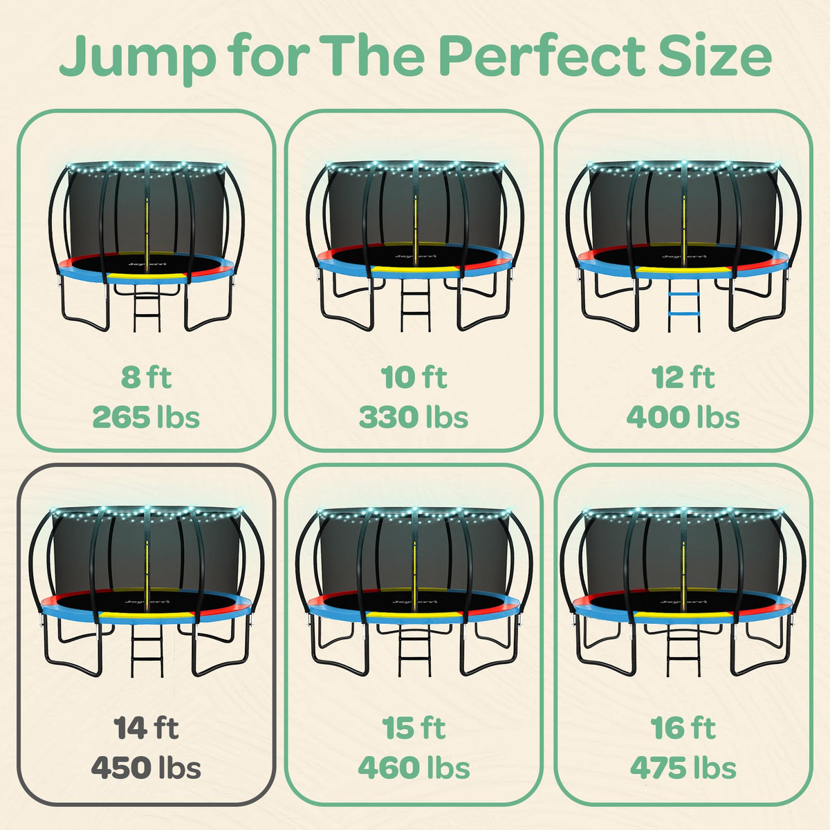 JoyBerri Trampoline Outdoor - Upsurge ASTM Certified Safe 8Ft 10Ft 12Ft 14Ft 15Ft 16Ft Recreational Trampoline for Kids and Adults. Anti-Rust Coating with Enclosure Net, Ladder, Sprinkler & LED Lights