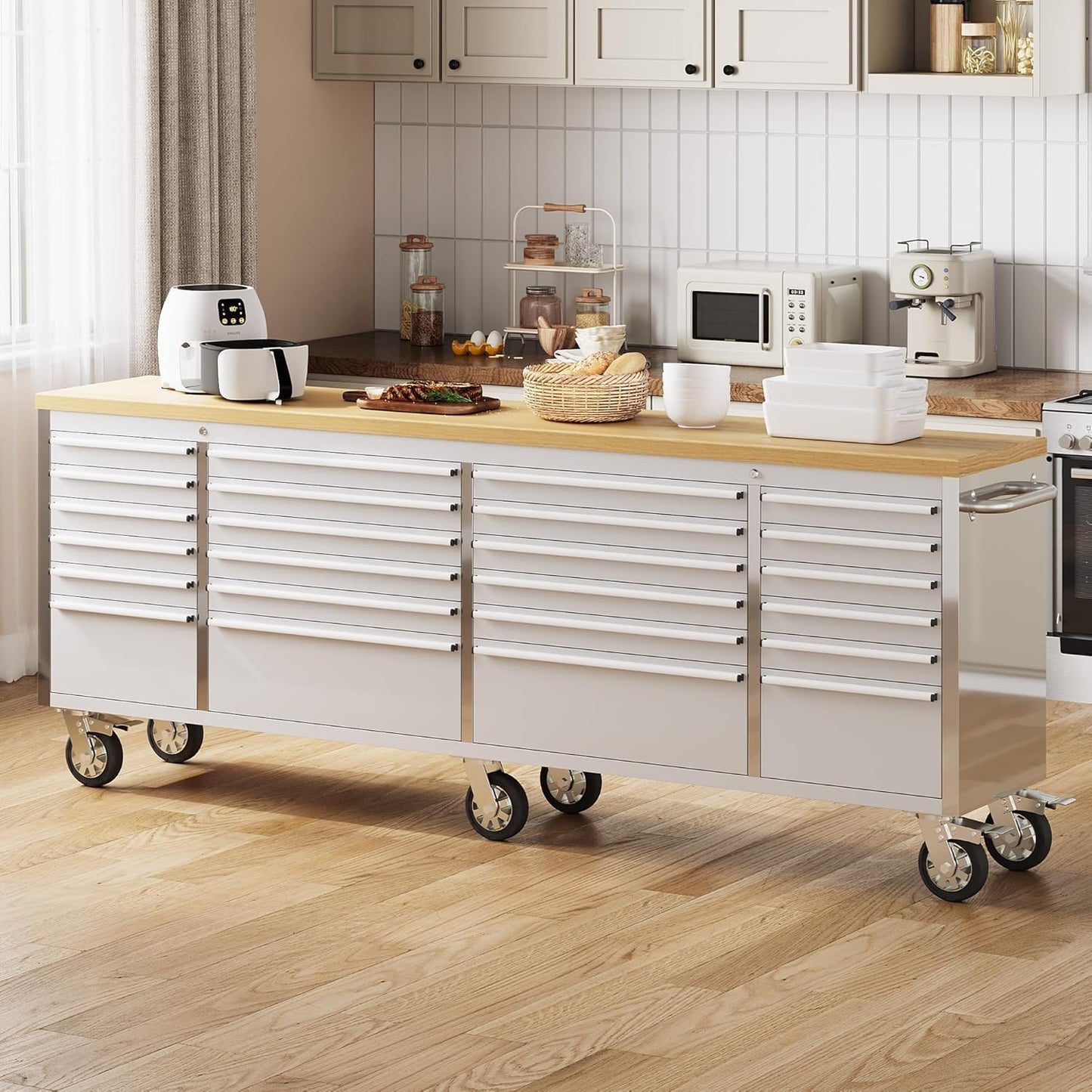 96" Rolling Tool Chest, 24 Drawers, Solid Rubber Wood Workbench Top, Locking Wheels and Key Lock, Mobile Garage Storage Cabinet, Heavy Duty Mobile Organizer for Workshop, Silver