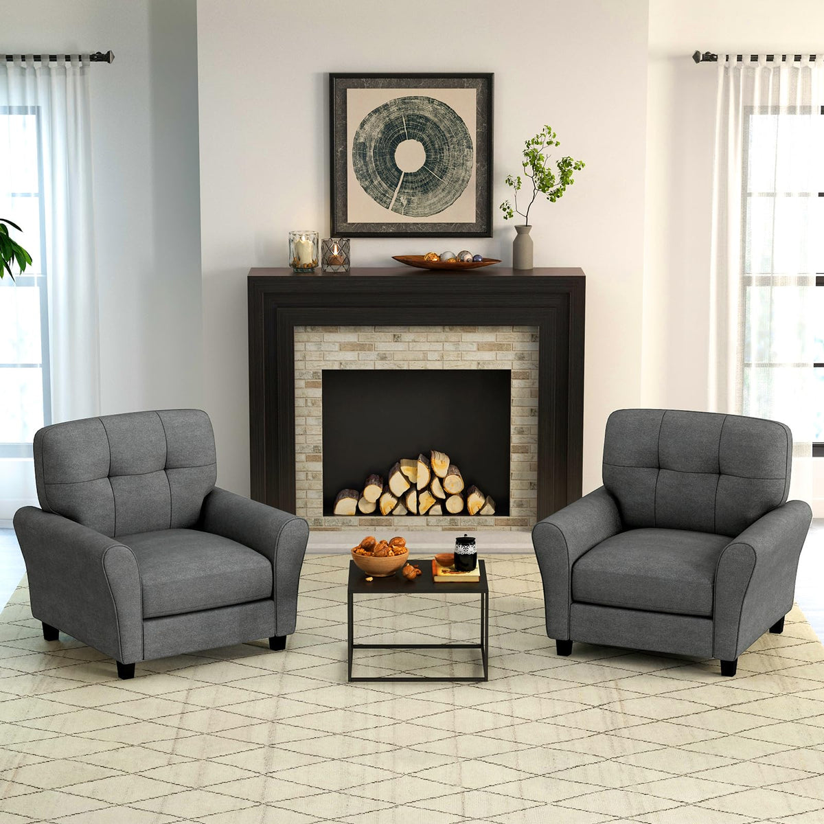 Giantex Modern Mid-Century Accent Chair - Linen Living Room Chair with Tufted Back, 7" Thick Cushion, Max Load 400 lbs, Upholstered Armchair with Non-Slip Foot Pads, Club Chair for Bedroom, Grey