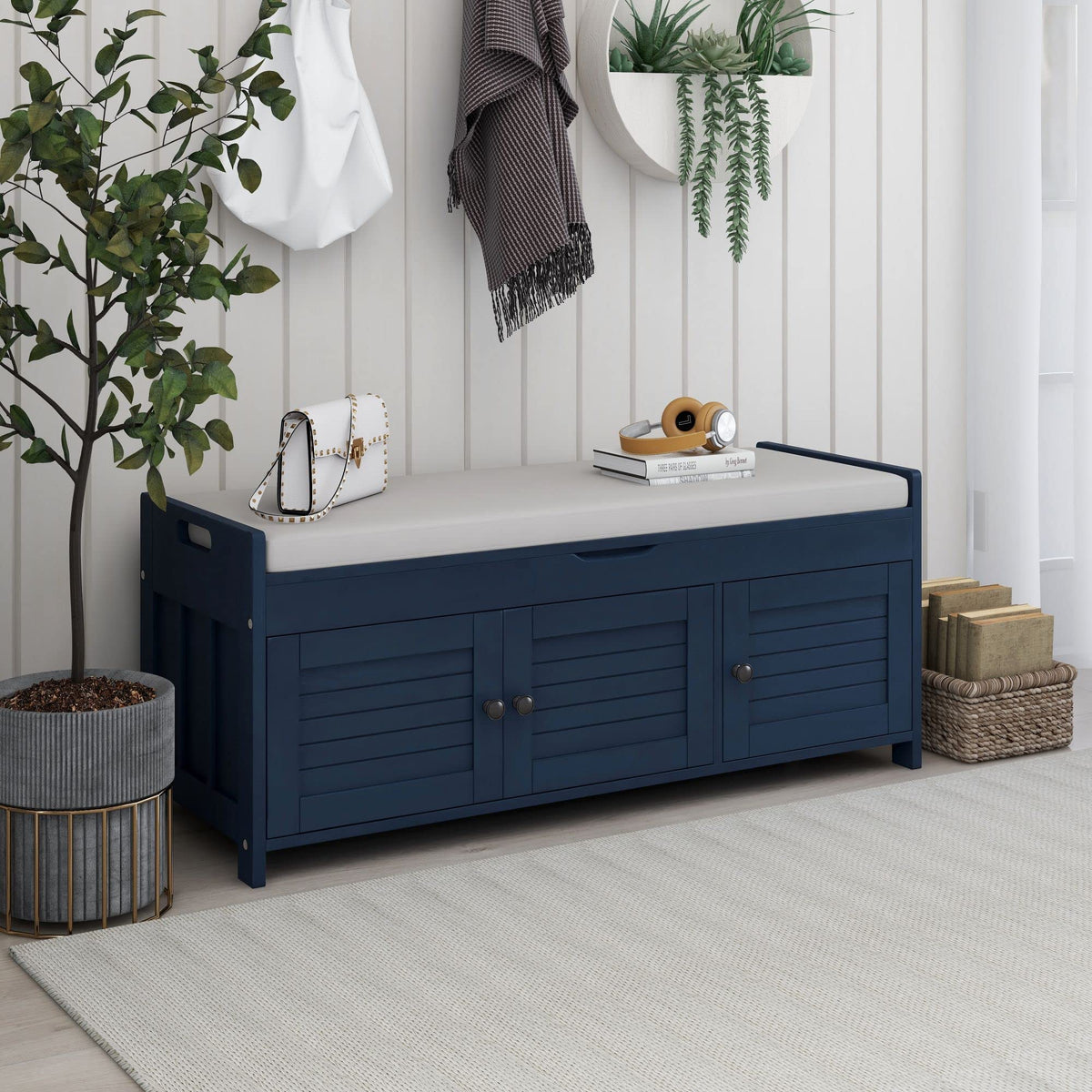 Merax Farmhouse Wood Shoe Bench with Seat Cushion Window Storage Cabinets for Entryway Hallway Living Room Antique Navy