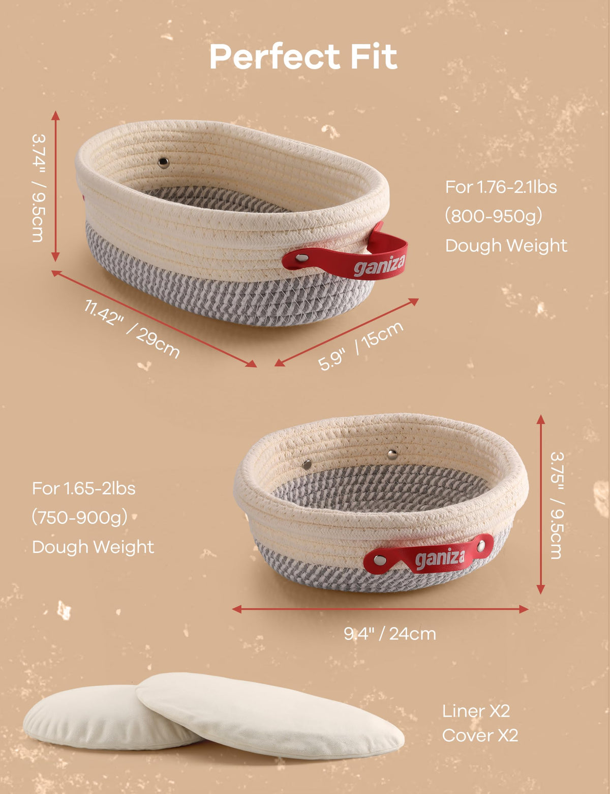 Ganiza Sourdough Starter Kit, Cotton Rope Sourdough Bread Baking Supplies, 9'' Round & 10'' Oval Banneton Basket with Liners & Covers, Sourdough Proofing Basket Kit Gifts for Bakers Women Wife Mom