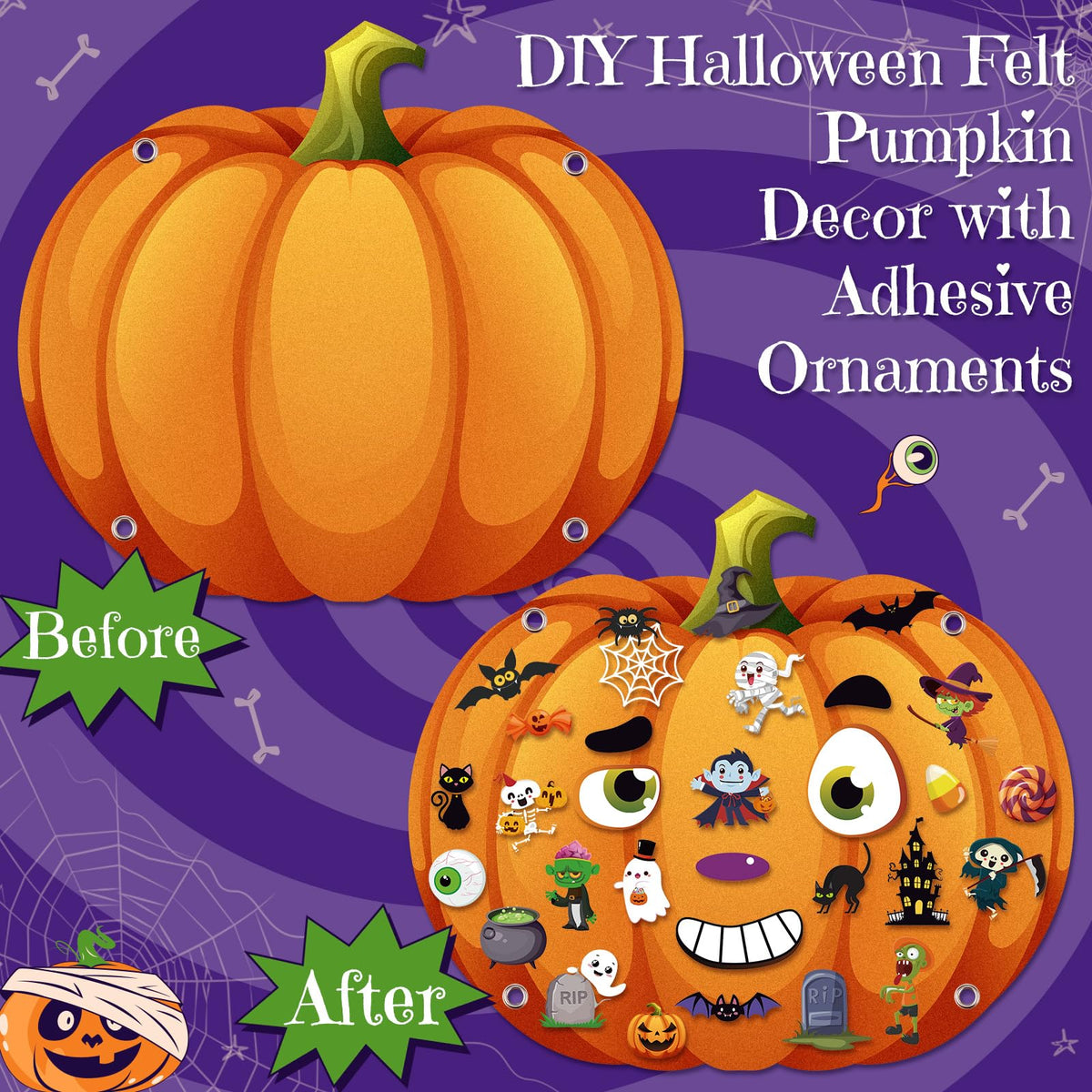 WovWeave 2.79ft DIY Felt Halloween Pumpkin Hanging Decor with 44 Pcs Ornaments Felt Pumpkin Witch Bat Kits with Hooks for Halloween Party Favor Gifts Home Wall Hanging Decorations Fun Activity