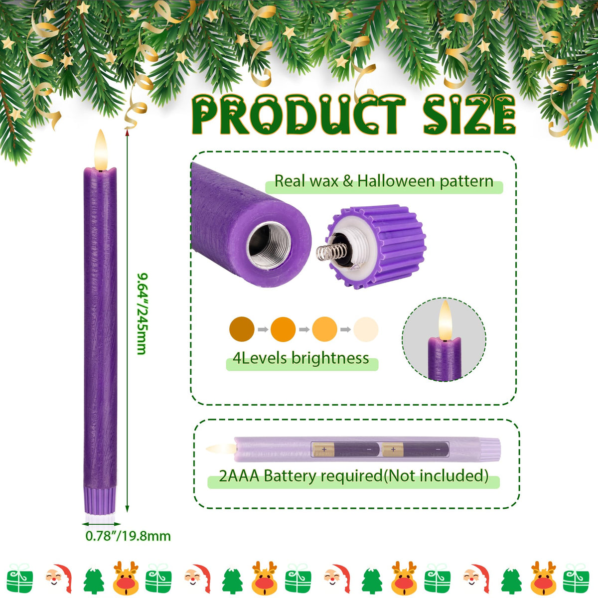 AFINETH Purple Flameless Taper Candles with Remote, 6 Pack Real Wax Battery Operated Candles, 9.6 Inch Flickering Led Christmas Candlesticks Decorations for Winter Home Holiday Xmas Gift