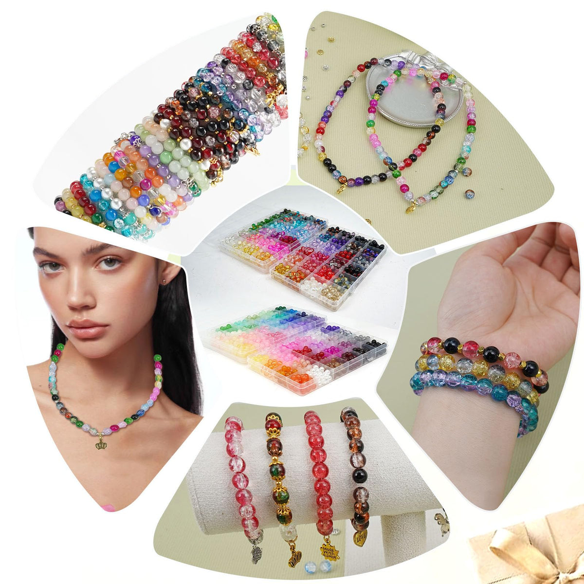 Hanyoung 8mm Glass Beads for Bracelet Making kit, 96 Colors 2900 pcs Crackle and Solid Beads Jewelry Making, Crystal Glass Round Beads for DIY Crafts Gifts (Solid & Crackle Color)