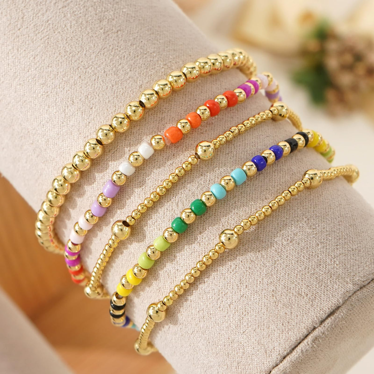 Bohxantium Gold Beaded Bracelets Set for Women Stackable 14K Gold Plated Beads Ball Colorful Seed Bracelets for Women Stack Non Tarnish Stretch Trendy Jewelry Prom Friendship Birthday Christmas Gifts