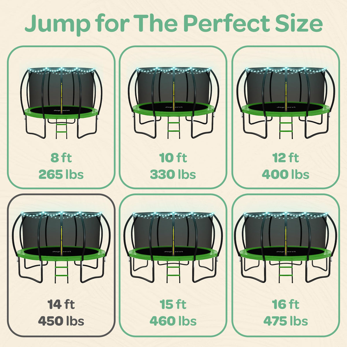 JoyBerri Trampoline Outdoor - Upsurge ASTM Certified Safe 8Ft 10Ft 12Ft 14Ft 15Ft 16Ft Recreational Trampoline for Kids and Adults. Anti-Rust Coating with Enclosure Net, Ladder, Sprinkler & LED Lights