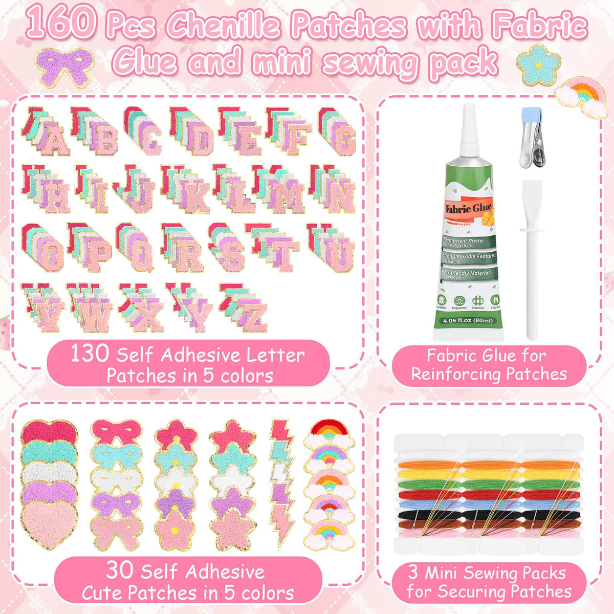 Mckanti 160 Pcs Chenille Patches and Fabric Glue for DIY Clothing, Include 130 A-Z Letter Patches, 30 Cute Patches and 1 Fabric Glue for Clothes, Backpacks, Bags