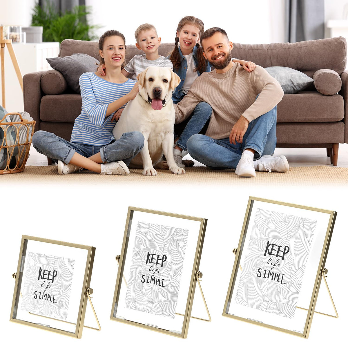 QWORK Gold Floating Picture Fram, Set of 3 Glass Double Panel Metal Frame, Includes 5x7, 4x6, 4x4, Tabletop Display for Postcards Photos Artworks
