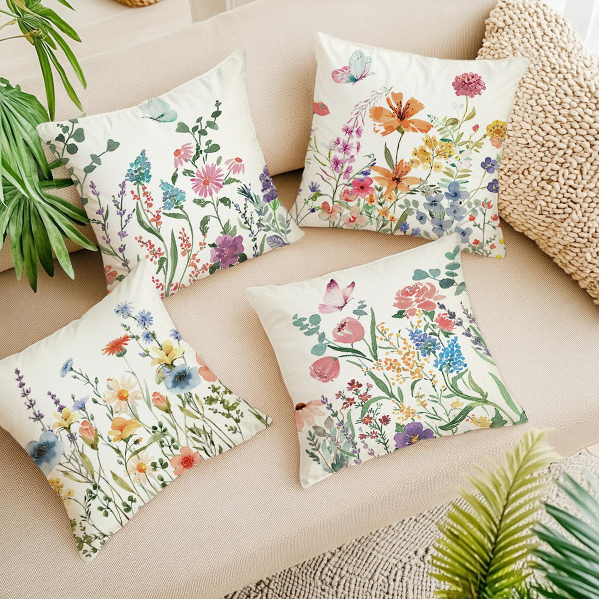 ONFAON Spring Summer Pillow Covers 20x20 Set of 4,Floral Seasonal Summer Outdoor Decoration Pillowcase Linen Cushion Cover for Couch Sofa