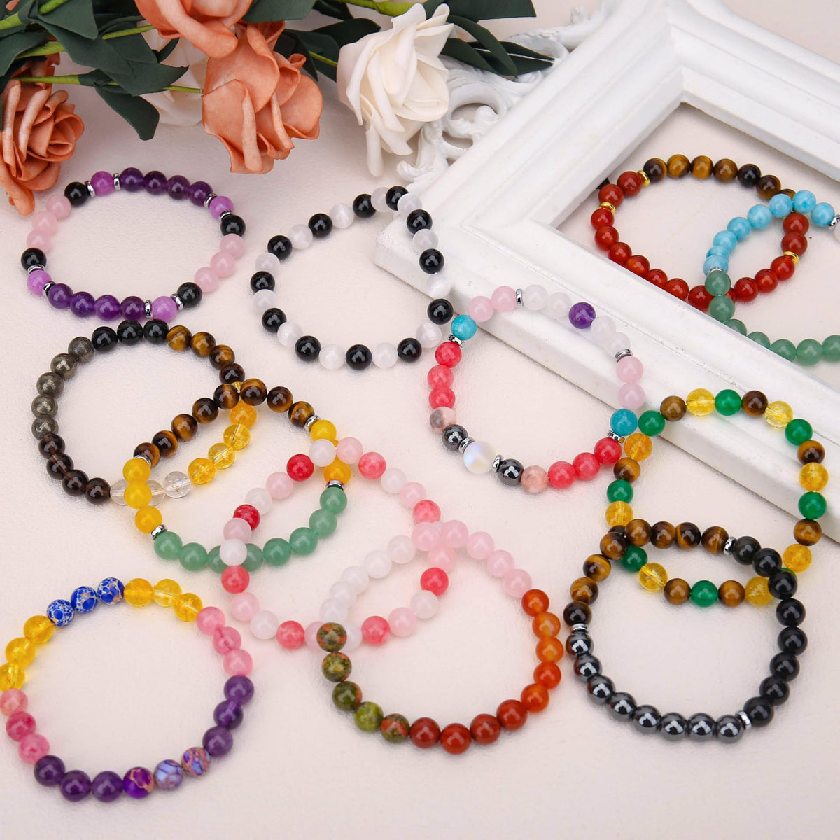 BONNY BOXX Mixed 8mm Natural Stone Bracelet for Fertility, Handmade Stretch Pink Quartz Red Jasper Bracelet Adjustable Crystal Healing Jewelry for Unisex Spiritual Gift