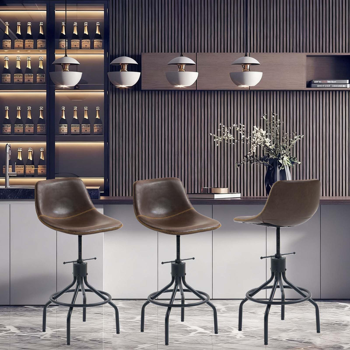 CHIDOCHILO Bar Stools Set of 3, Adjustable Armless Kitchen Island Barstools with Back 26 Inch Swivel Faux Leather Industrial Counter Height Bar Chairs for Dining Room Home Bar D087-Brown-3