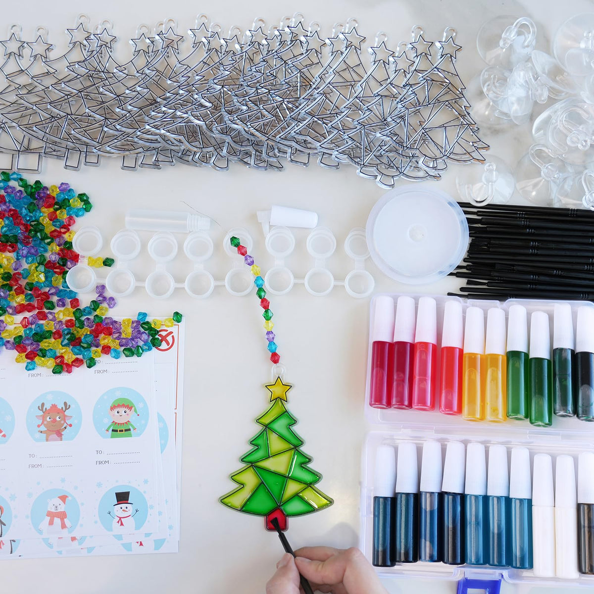 Winlyn 24 Sets Christmas Tree Suncatchers Ornaments Decorations DIY Window Paint Art Suncatchers Winter Crafts Painting Kits for Kids Classroom Activities Art Project Party Favors
