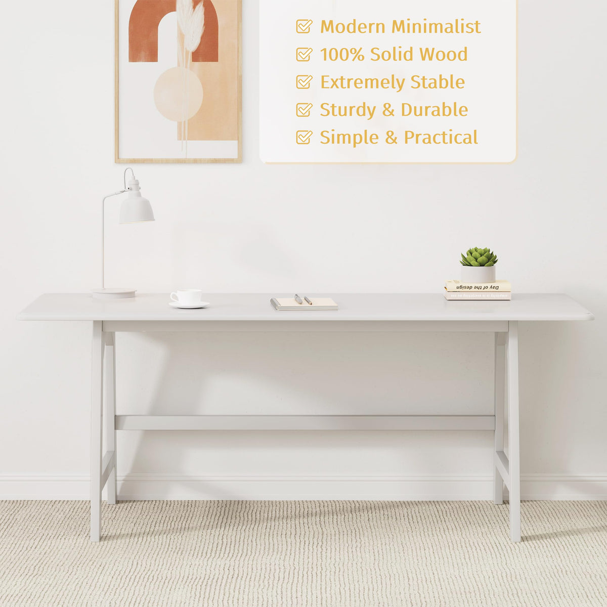 IOTXY Solid Wood Writing Table - 72" W x 24" D Minimalist Long Computer Desk for Home Office, Work, Study, Creativity, and PC Workstation, White