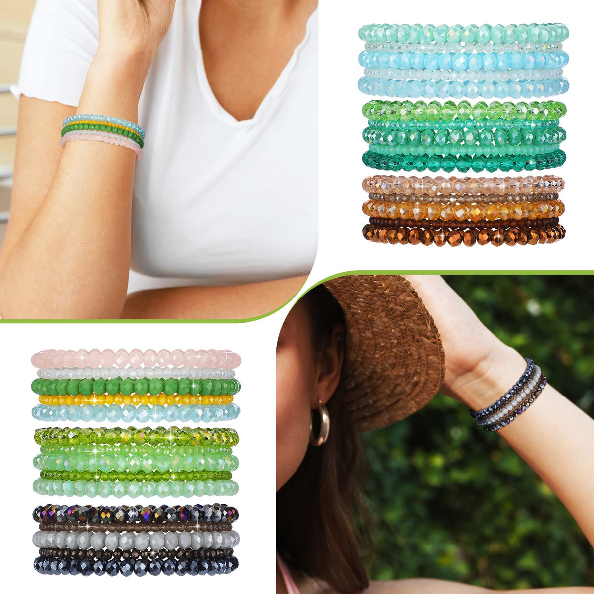 Junkin 60 Pcs Crystal Beaded Bracelets Bulk for Women Bohemian Multi Layer Stacking Statement Stretchy Strand Crystal Bead Bracelets Versatile Slip on Shiny(Shiny Color)